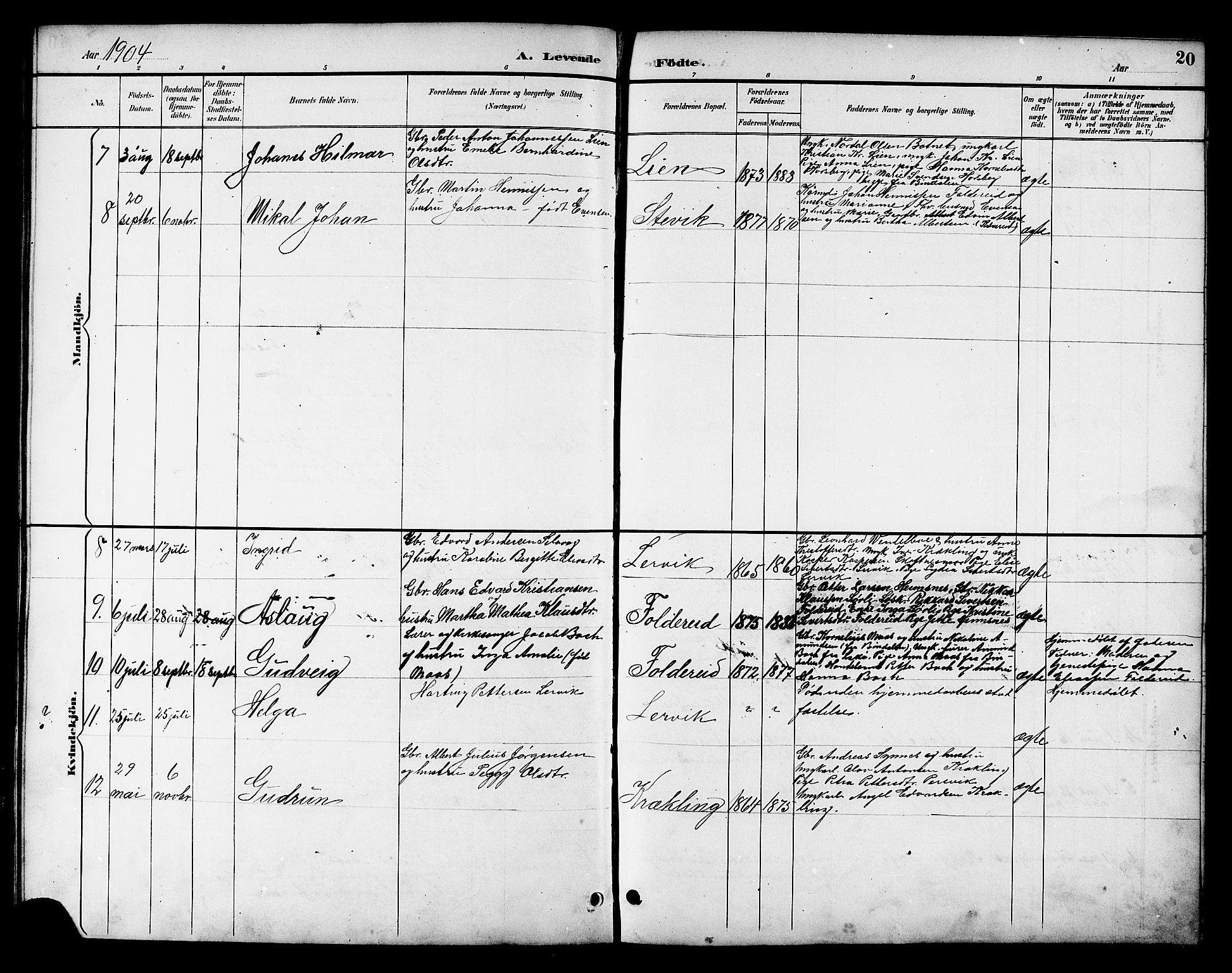 Ministerialprotokoller, klokkerbøker og fødselsregistre - Nord-Trøndelag, AV/SAT-A-1458/783/L0662: Parish register (copy) no. 783C02, 1894-1919, p. 20