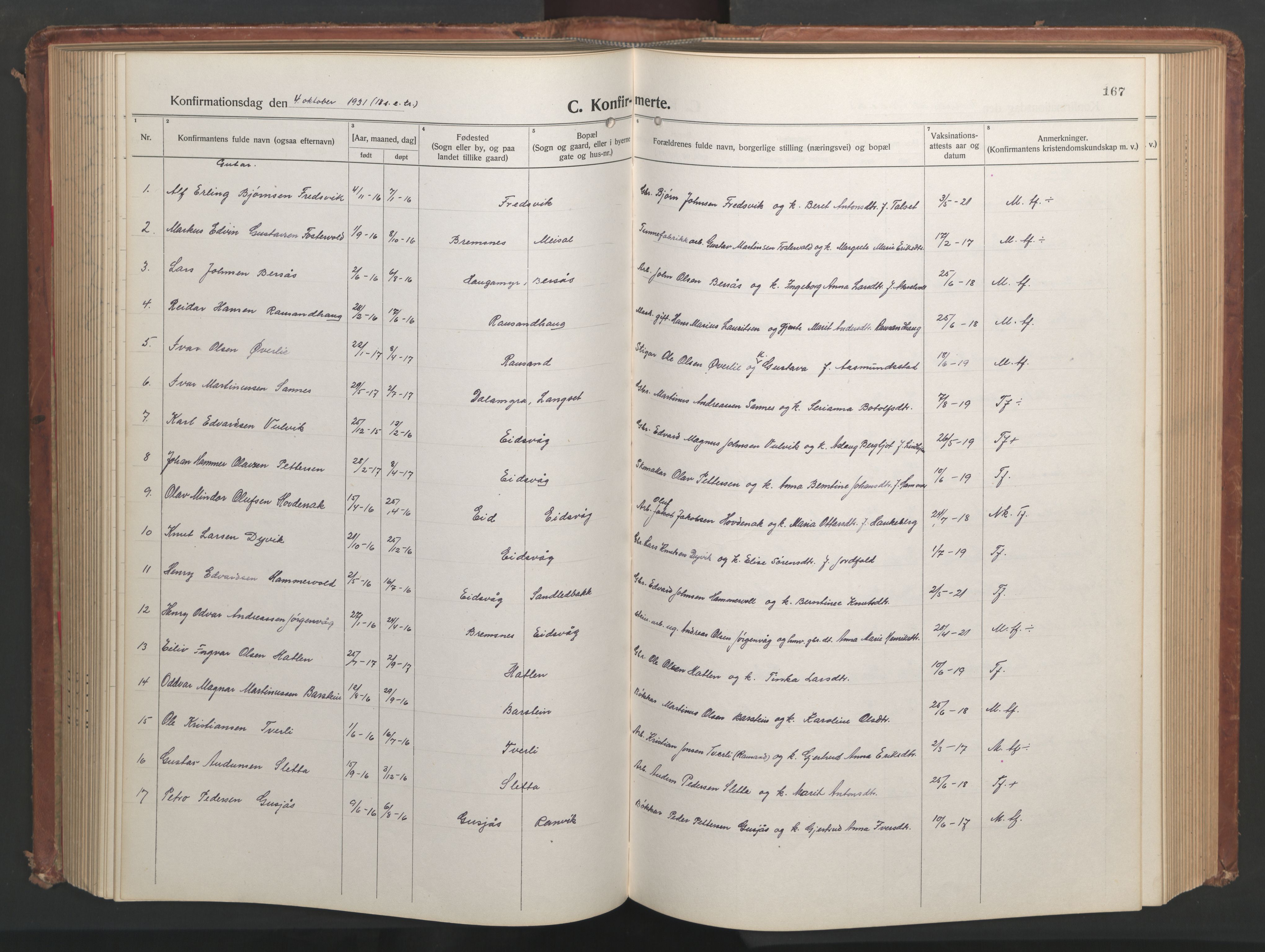 Ministerialprotokoller, klokkerbøker og fødselsregistre - Møre og Romsdal, SAT/A-1454/551/L0633: Parish register (copy) no. 551C05, 1921-1961, p. 167