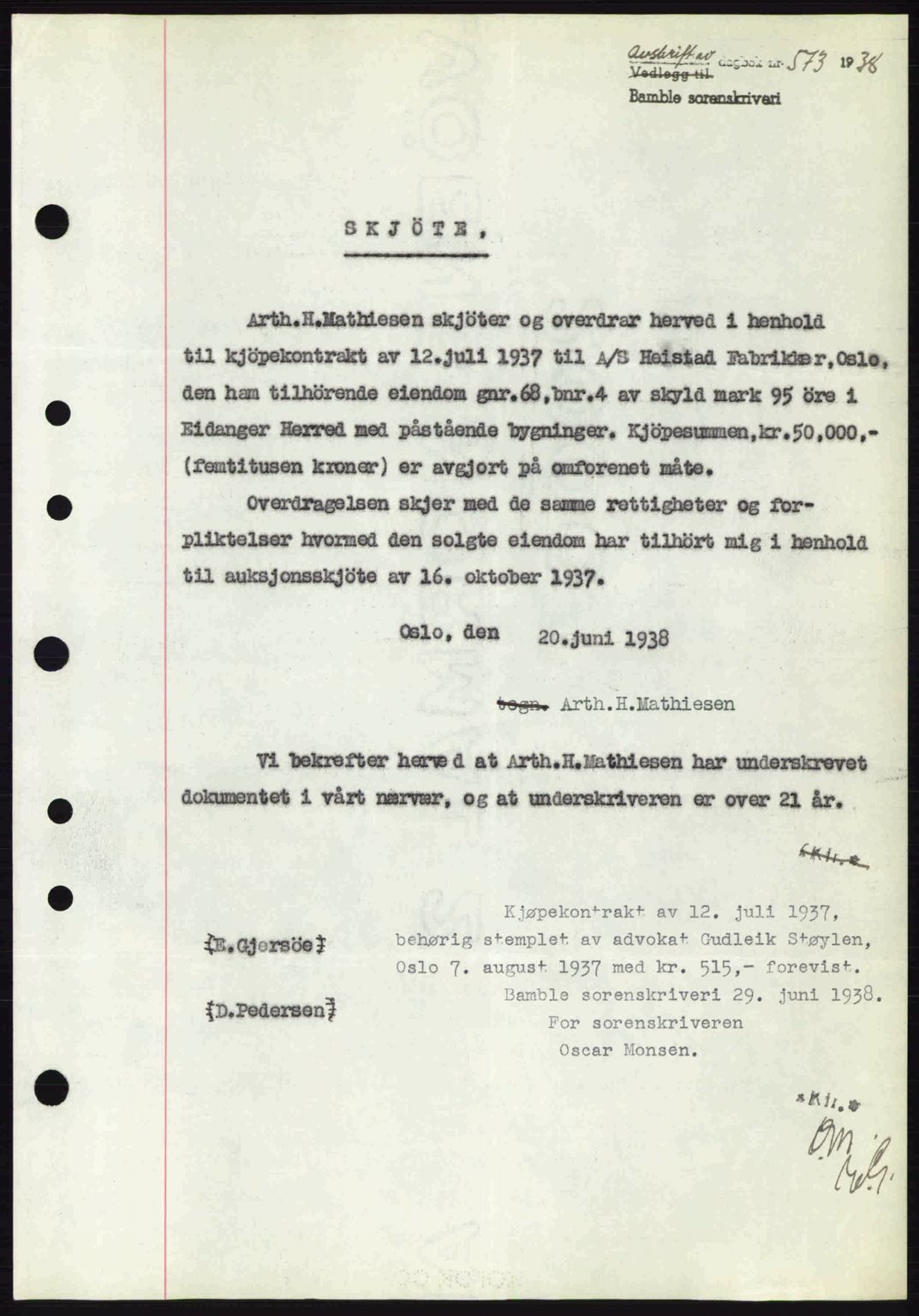 Bamble sorenskriveri, AV/SAKO-A-214/G/Ga/Gag/L0002: Mortgage book no. A-2, 1937-1938, Diary no: : 573/1938