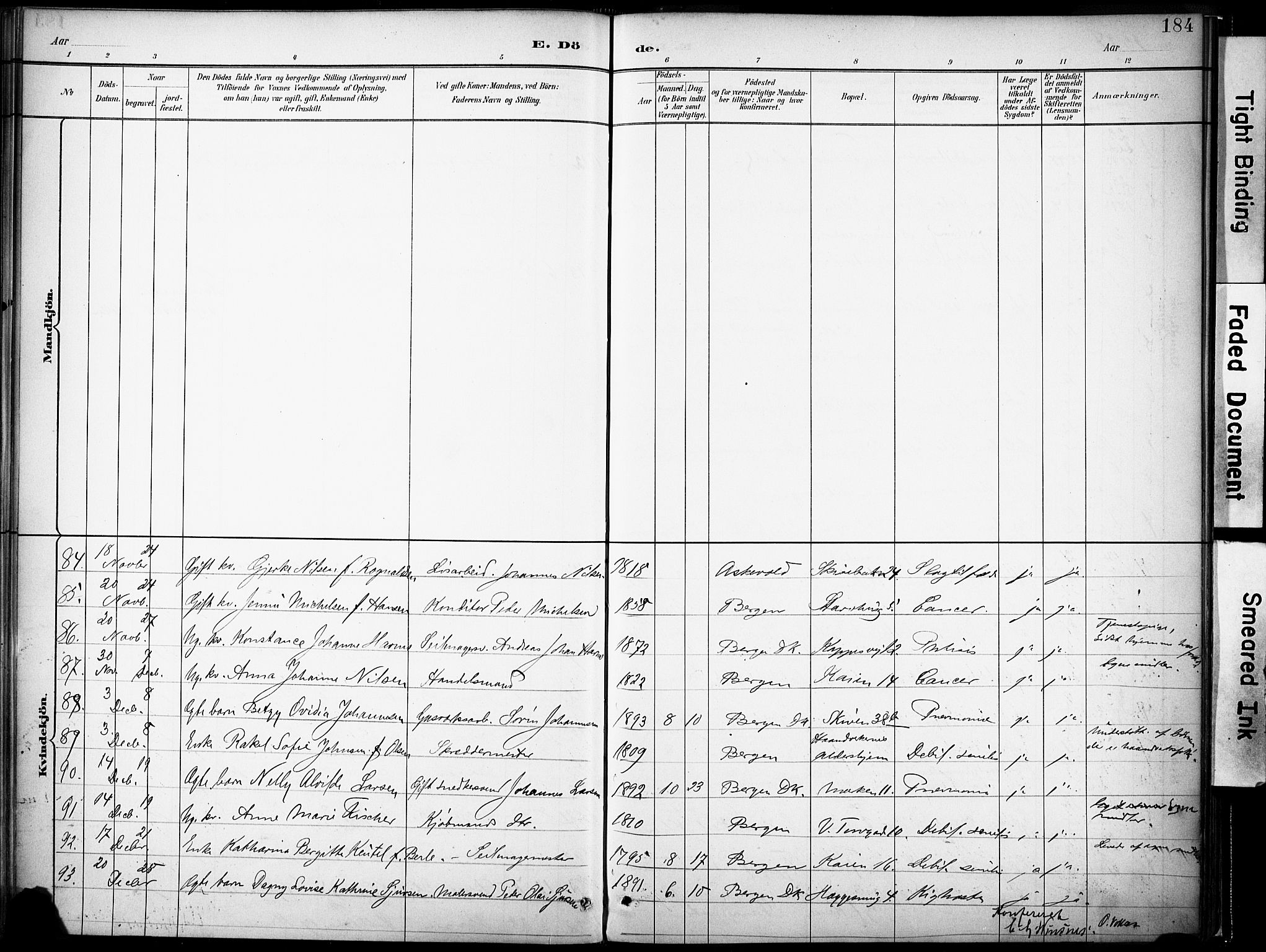 Domkirken sokneprestembete, AV/SAB-A-74801/H/Haa/L0043: Parish register (official) no. E 5, 1882-1904, p. 184