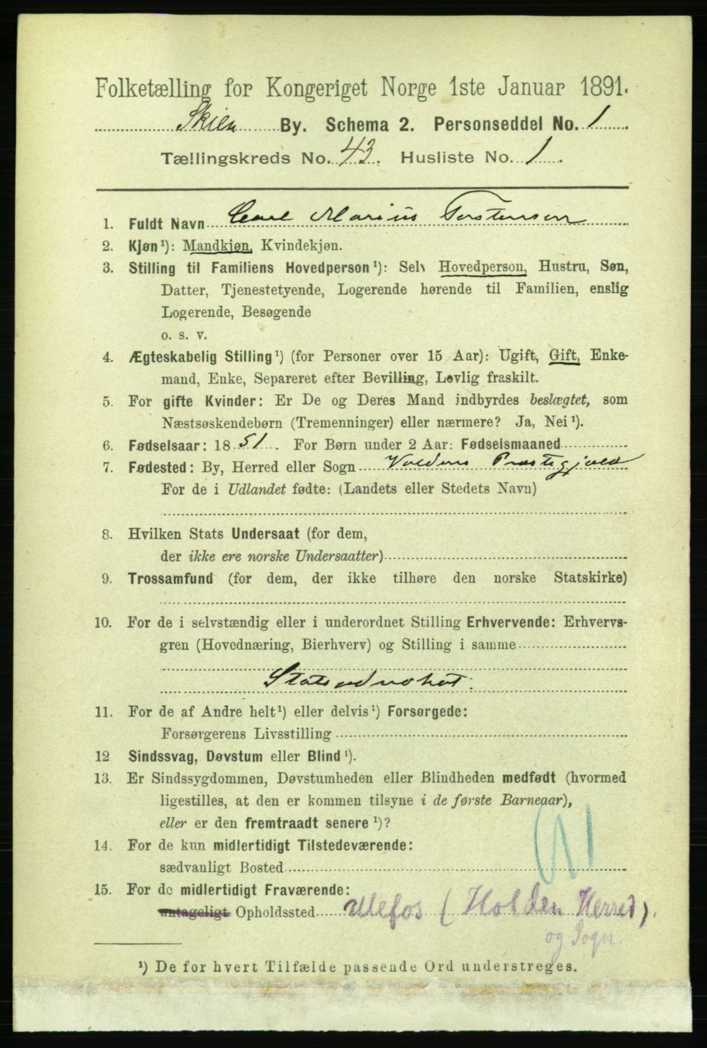 RA, 1891 census for 0806 Skien, 1891, p. 8587