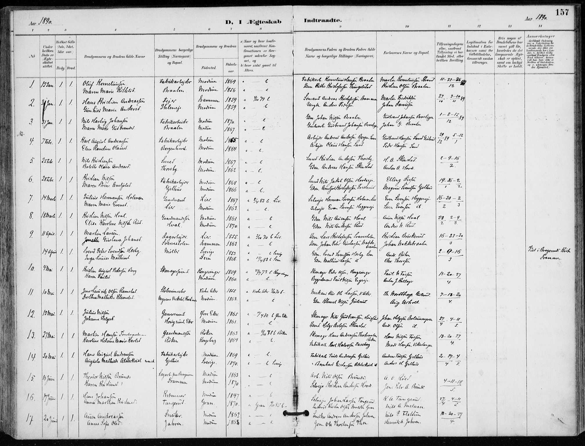 Modum kirkebøker, AV/SAKO-A-234/F/Fa/L0012: Parish register (official) no. 12, 1890-1898, p. 157