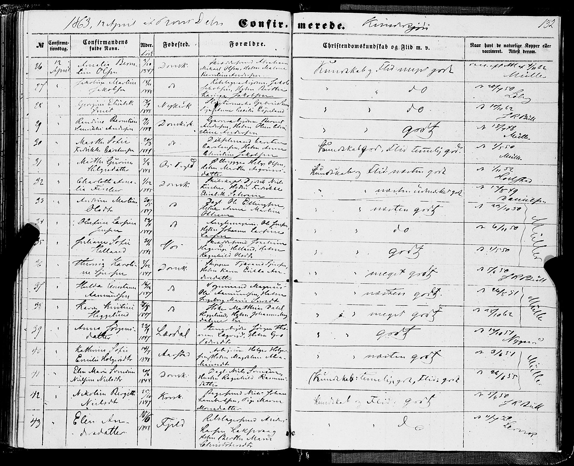 Domkirken sokneprestembete, AV/SAB-A-74801/H/Haa/L0028: Parish register (official) no. C 3, 1852-1864, p. 132