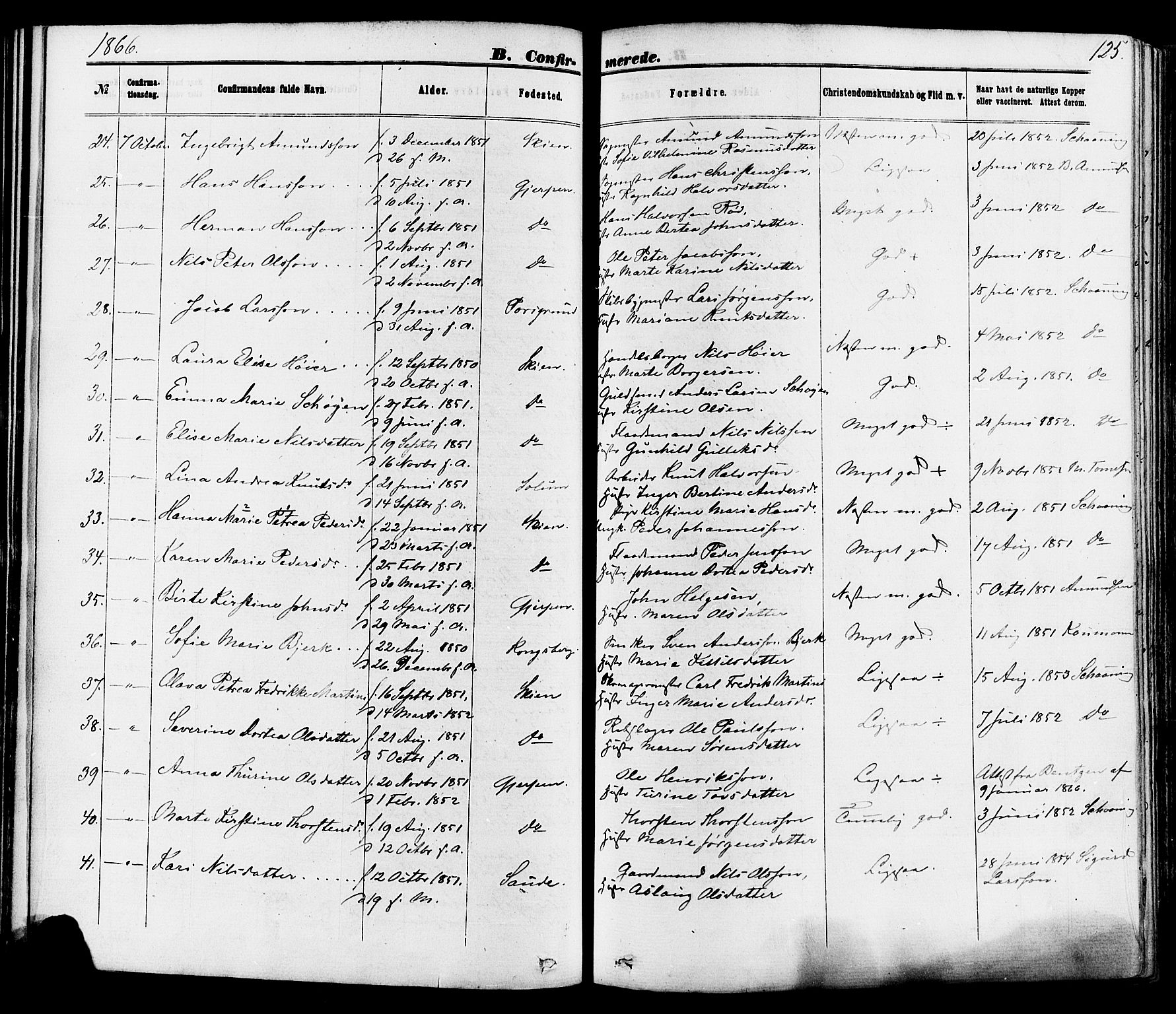 Skien kirkebøker, SAKO/A-302/F/Fa/L0008: Parish register (official) no. 8, 1866-1877, p. 125