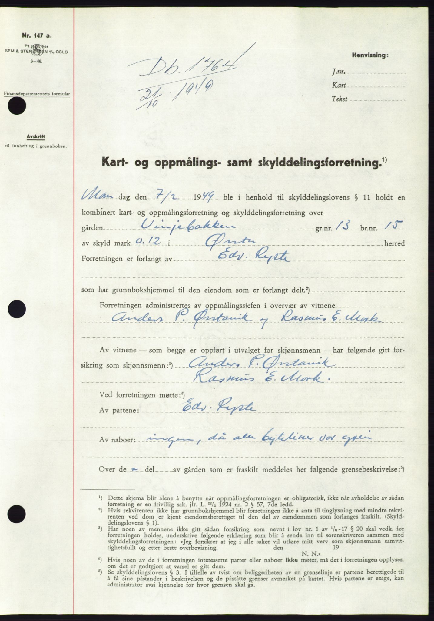 Søre Sunnmøre sorenskriveri, AV/SAT-A-4122/1/2/2C/L0085: Mortgage book no. 11A, 1949-1949, Diary no: : 1764/1949