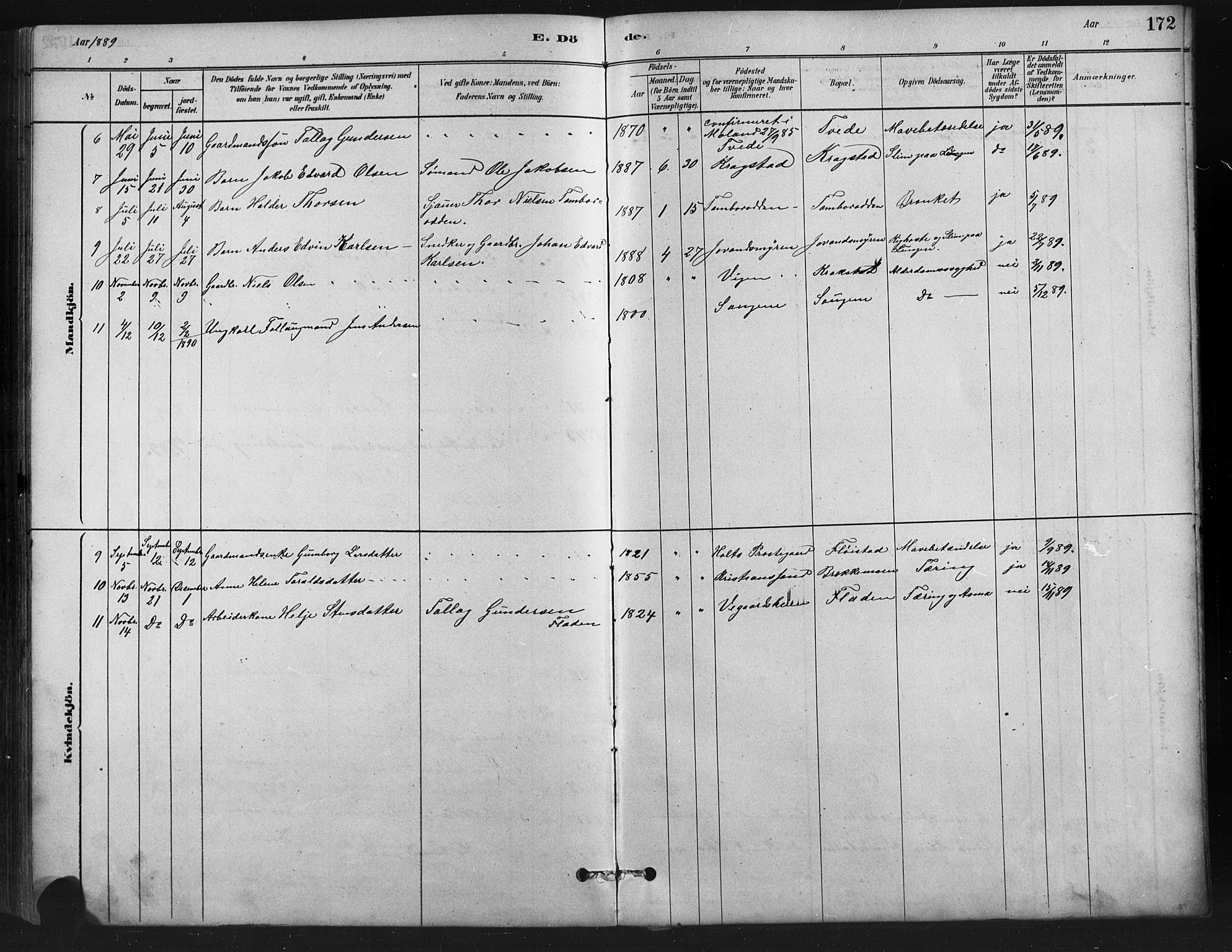 Austre Moland sokneprestkontor, AV/SAK-1111-0001/F/Fb/Fba/L0003: Parish register (copy) no. B 3, 1879-1914, p. 172