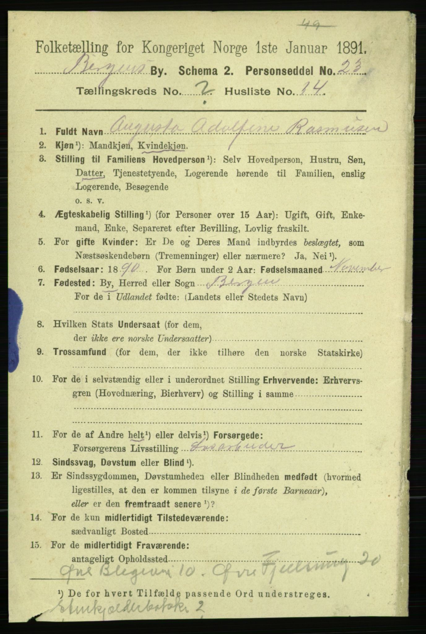 RA, 1891 Census for 1301 Bergen, 1891, p. 64433