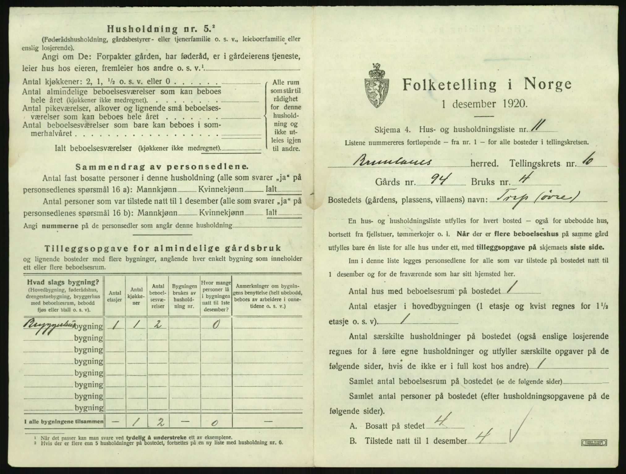 SAKO, 1920 census for Brunlanes, 1920, p. 1267