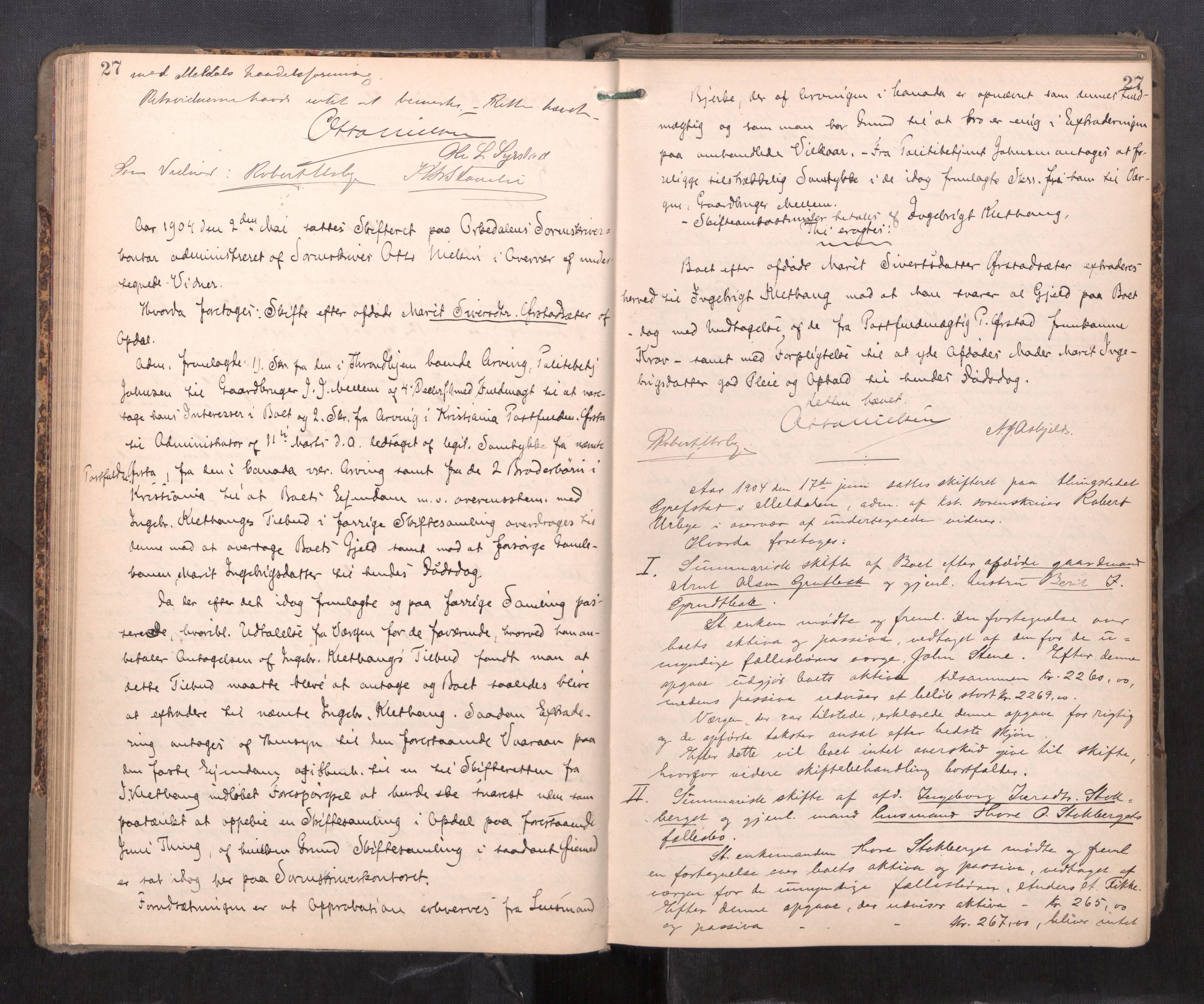 Orkdal sorenskriveri, AV/SAT-A-4169/1/3/3B/L0011: Skiftebehandlingsprotokoll, 1902-1914, p. 27