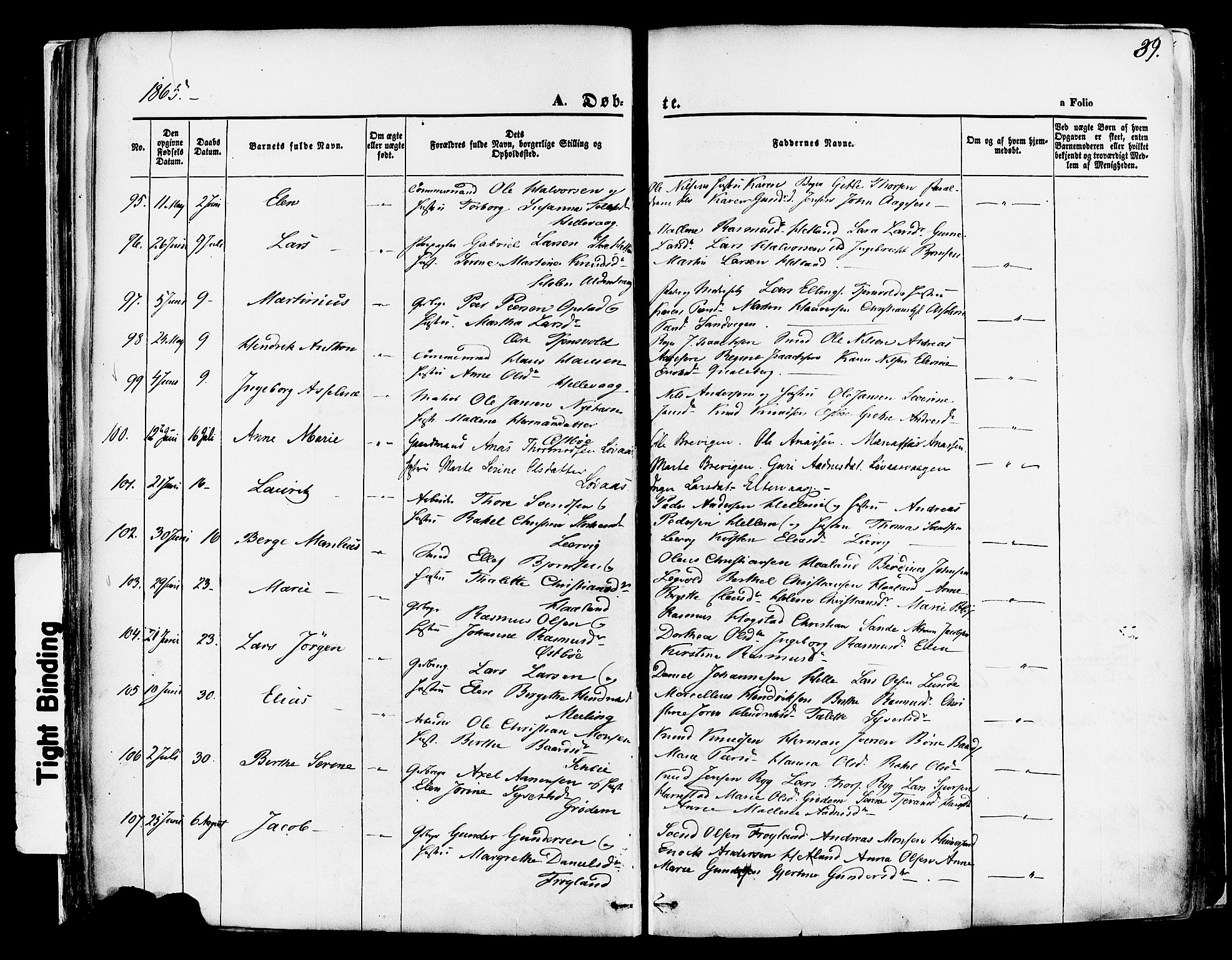 Hetland sokneprestkontor, SAST/A-101826/30/30BA/L0003: Parish register (official) no. A 3, 1862-1876, p. 39