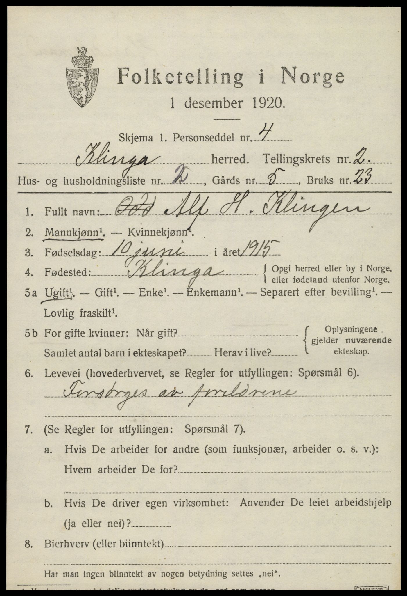 SAT, 1920 census for Klinga, 1920, p. 1411