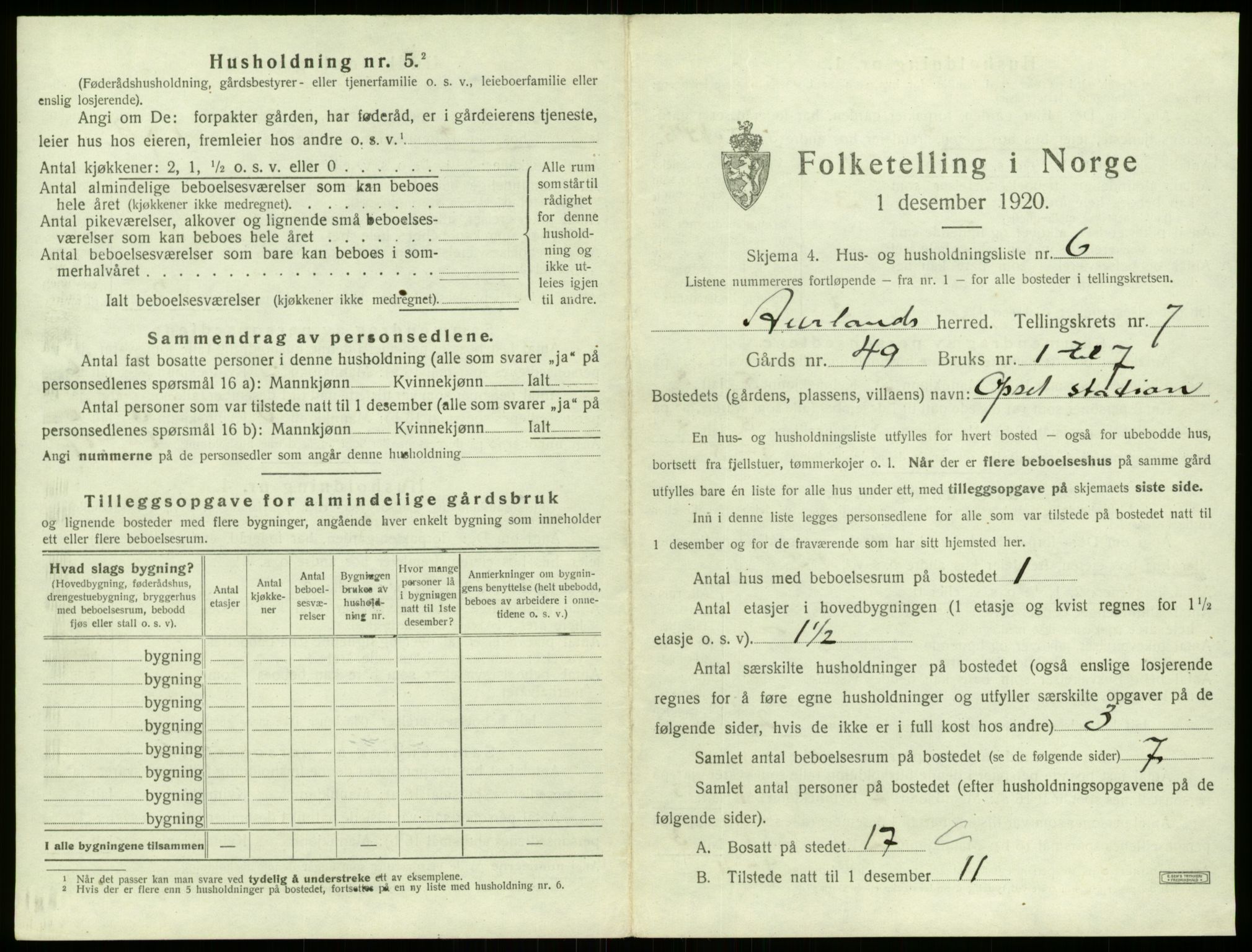 SAB, 1920 census for Aurland, 1920, p. 571