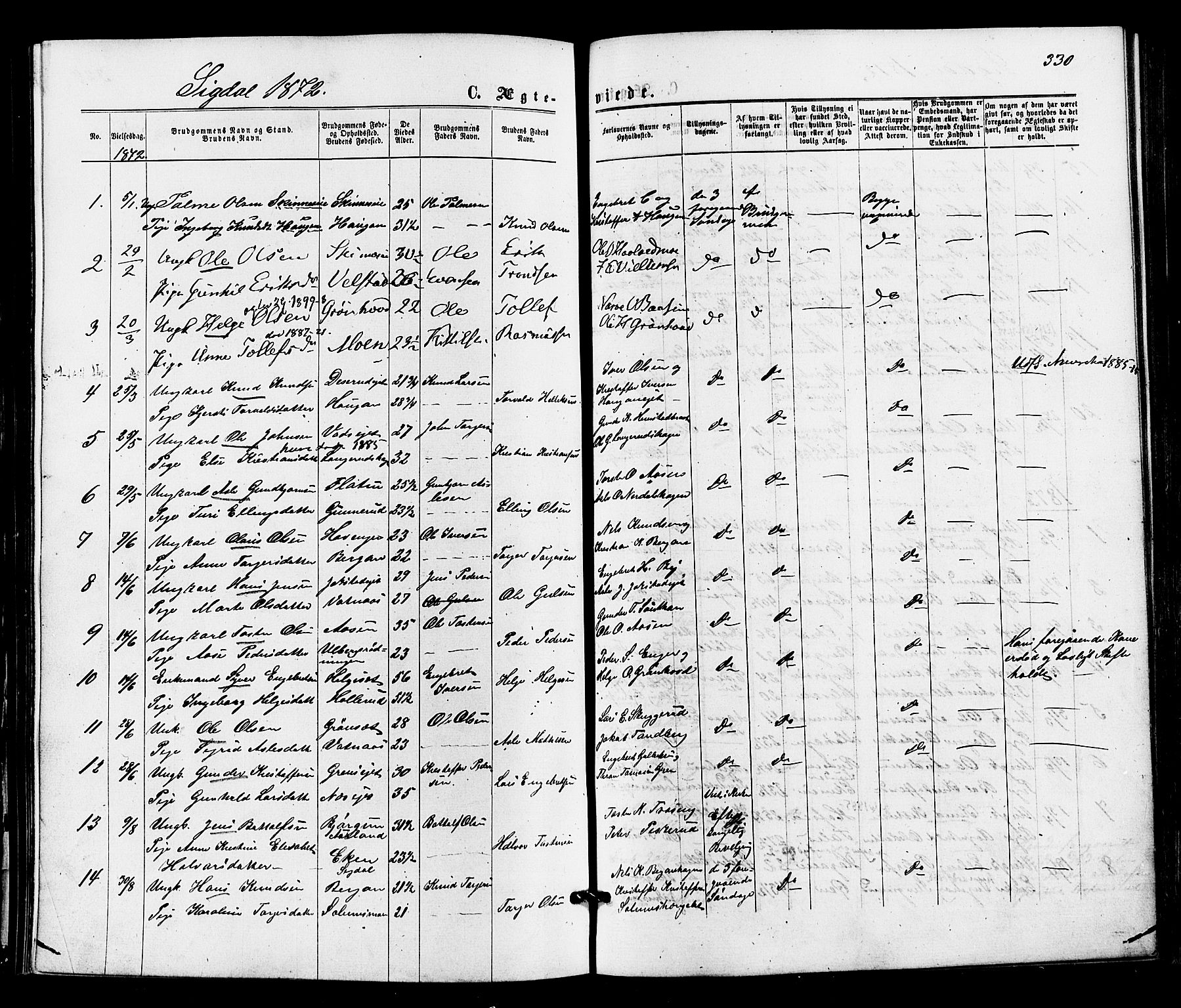 Sigdal kirkebøker, SAKO/A-245/F/Fa/L0010: Parish register (official) no. I 10 /1, 1872-1878, p. 330