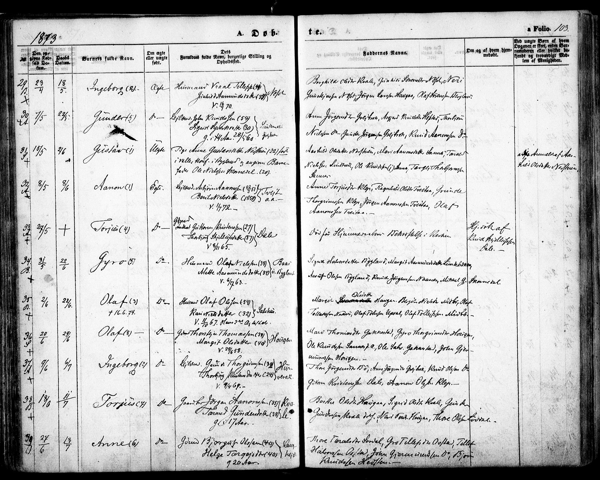 Bygland sokneprestkontor, SAK/1111-0006/F/Fa/Fab/L0005: Parish register (official) no. A 5, 1859-1873, p. 103