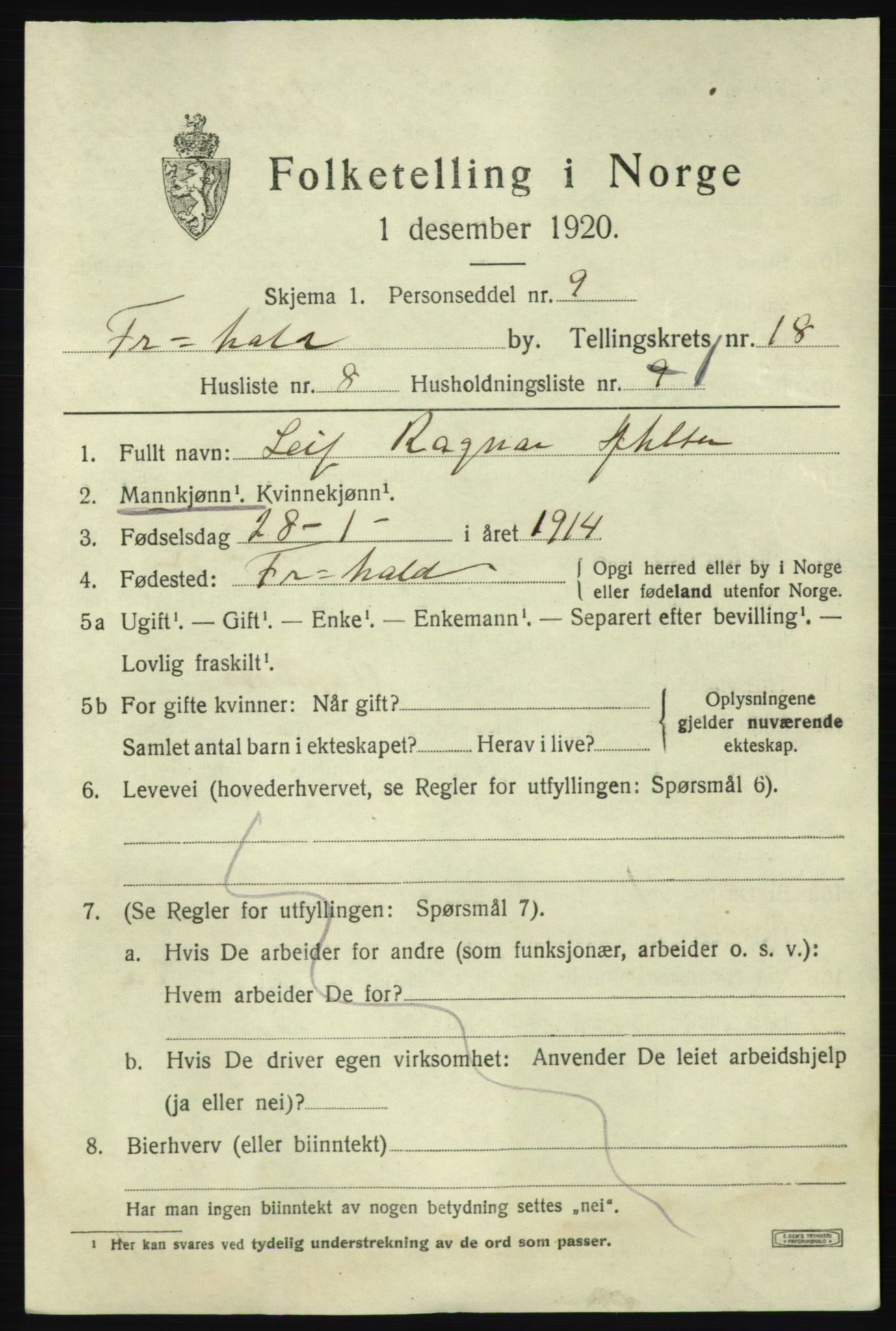 SAO, 1920 census for Fredrikshald, 1920, p. 27239