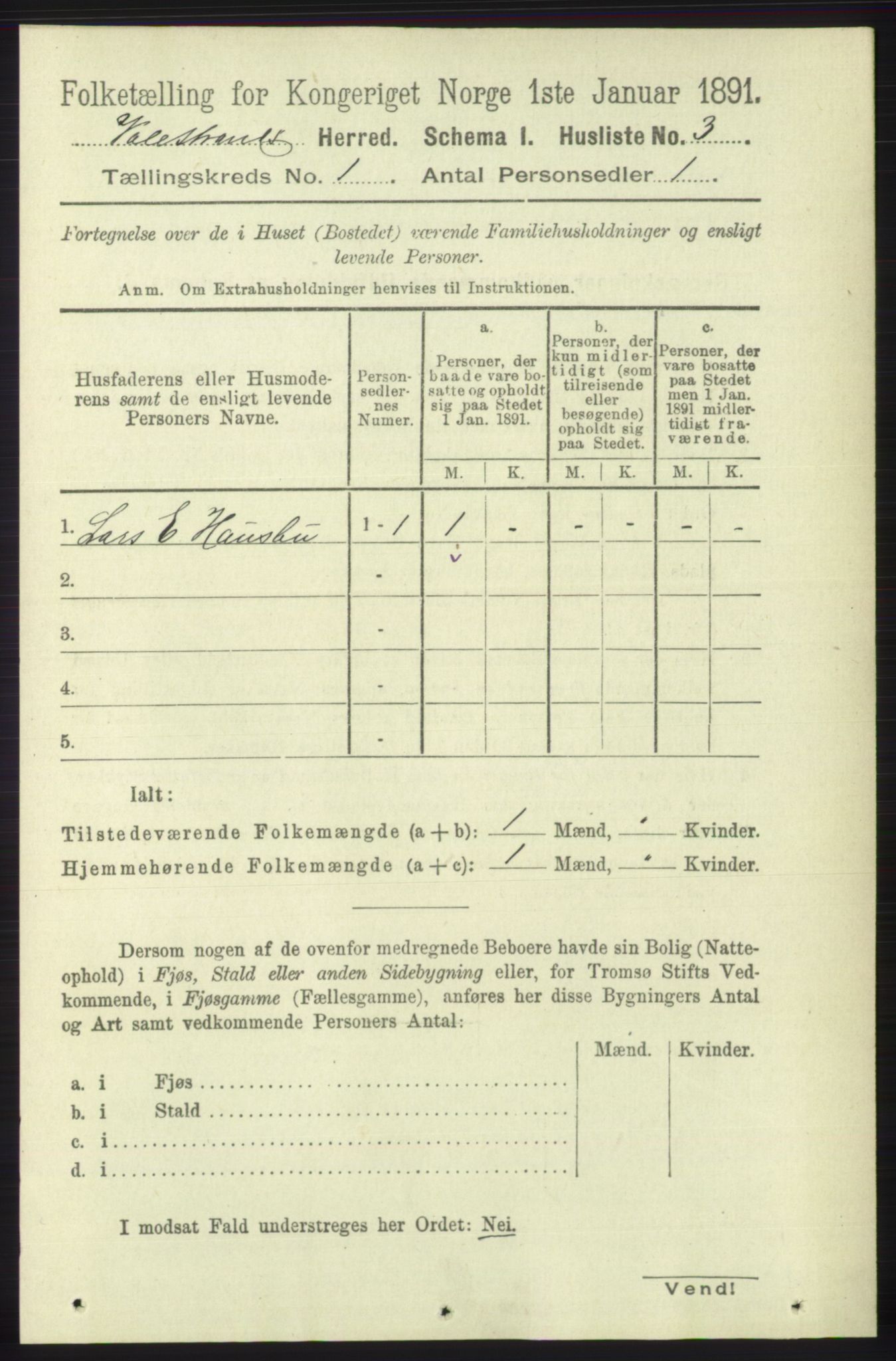 RA, 1891 census for 1217 Valestrand, 1891, p. 18