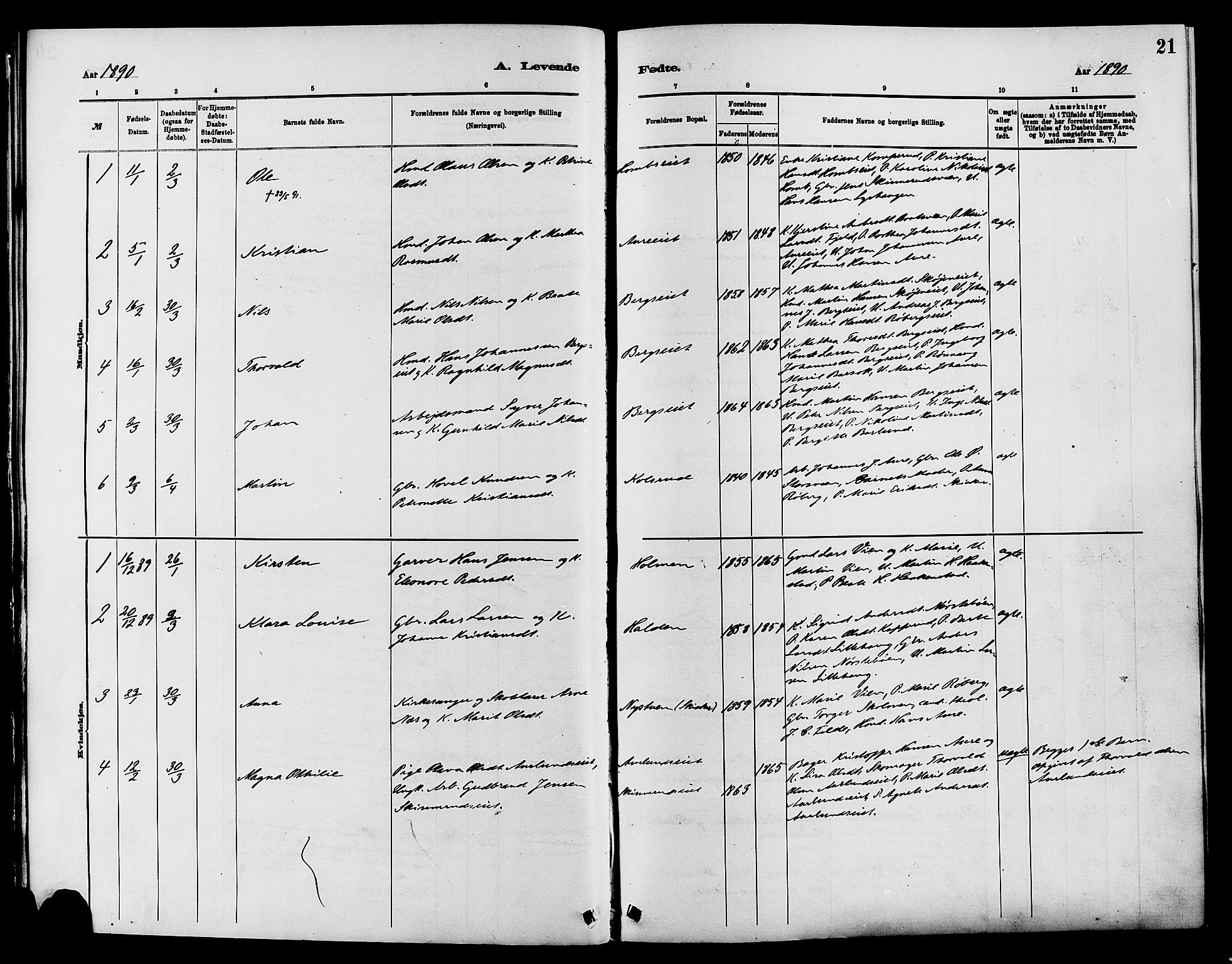 Nordre Land prestekontor, AV/SAH-PREST-124/H/Ha/Haa/L0003: Parish register (official) no. 3, 1882-1896, p. 21