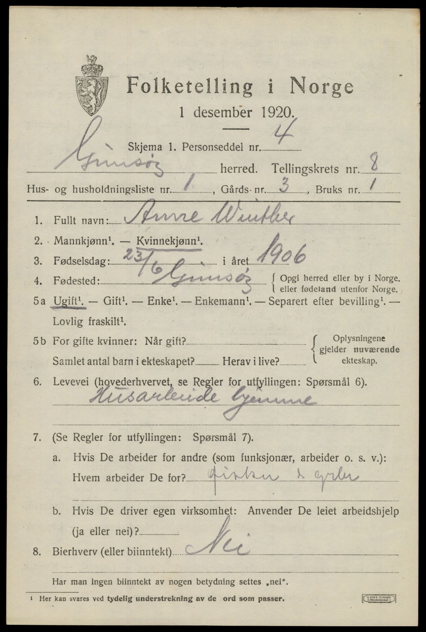 SAT, 1920 census for Gimsøy, 1920, p. 3213