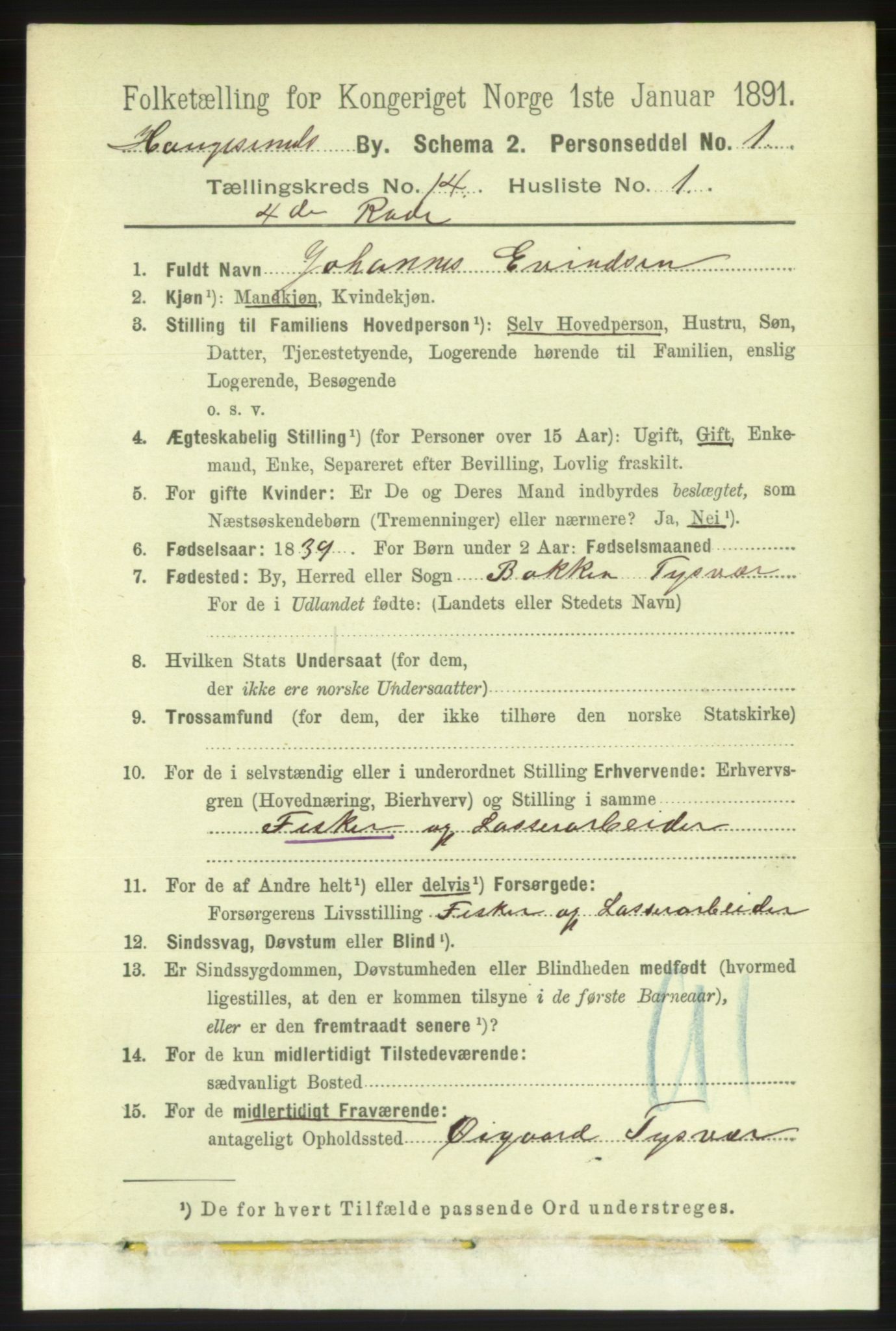 RA, 1891 census for 1106 Haugesund, 1891, p. 4660