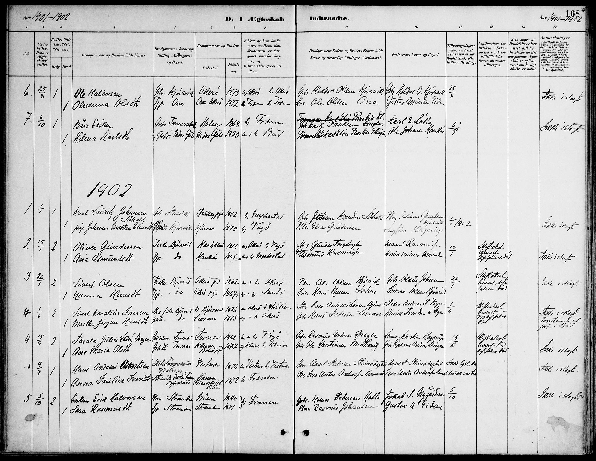 Ministerialprotokoller, klokkerbøker og fødselsregistre - Møre og Romsdal, AV/SAT-A-1454/565/L0750: Parish register (official) no. 565A04, 1887-1905, p. 168