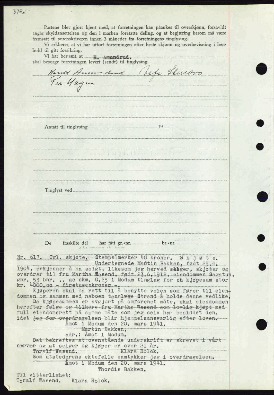 Eiker, Modum og Sigdal sorenskriveri, SAKO/A-123/G/Ga/Gab/L0043: Mortgage book no. A13, 1940-1941, Diary no: : 617/1941