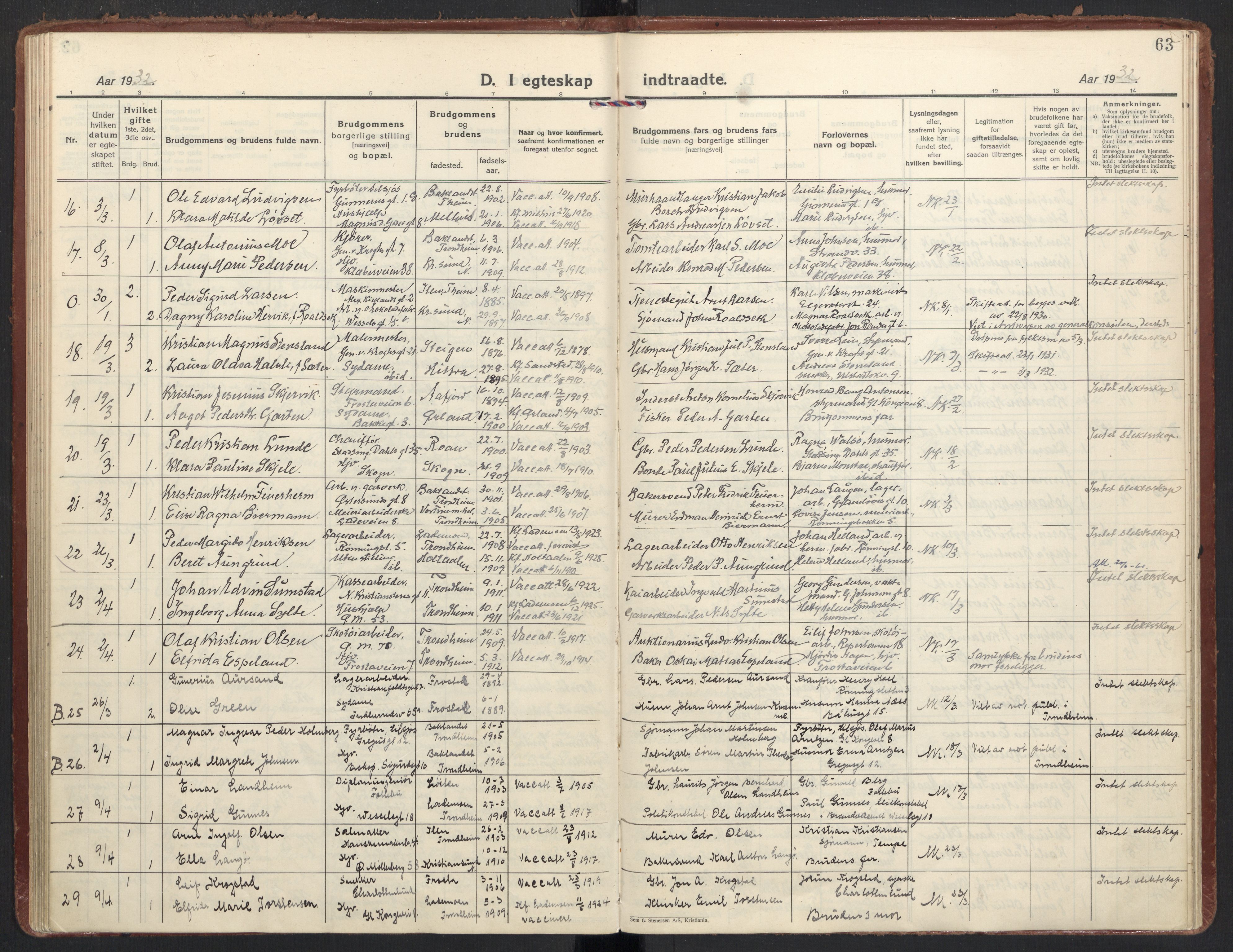 Ministerialprotokoller, klokkerbøker og fødselsregistre - Sør-Trøndelag, SAT/A-1456/605/L0249: Parish register (official) no. 605A11, 1925-1936, p. 63