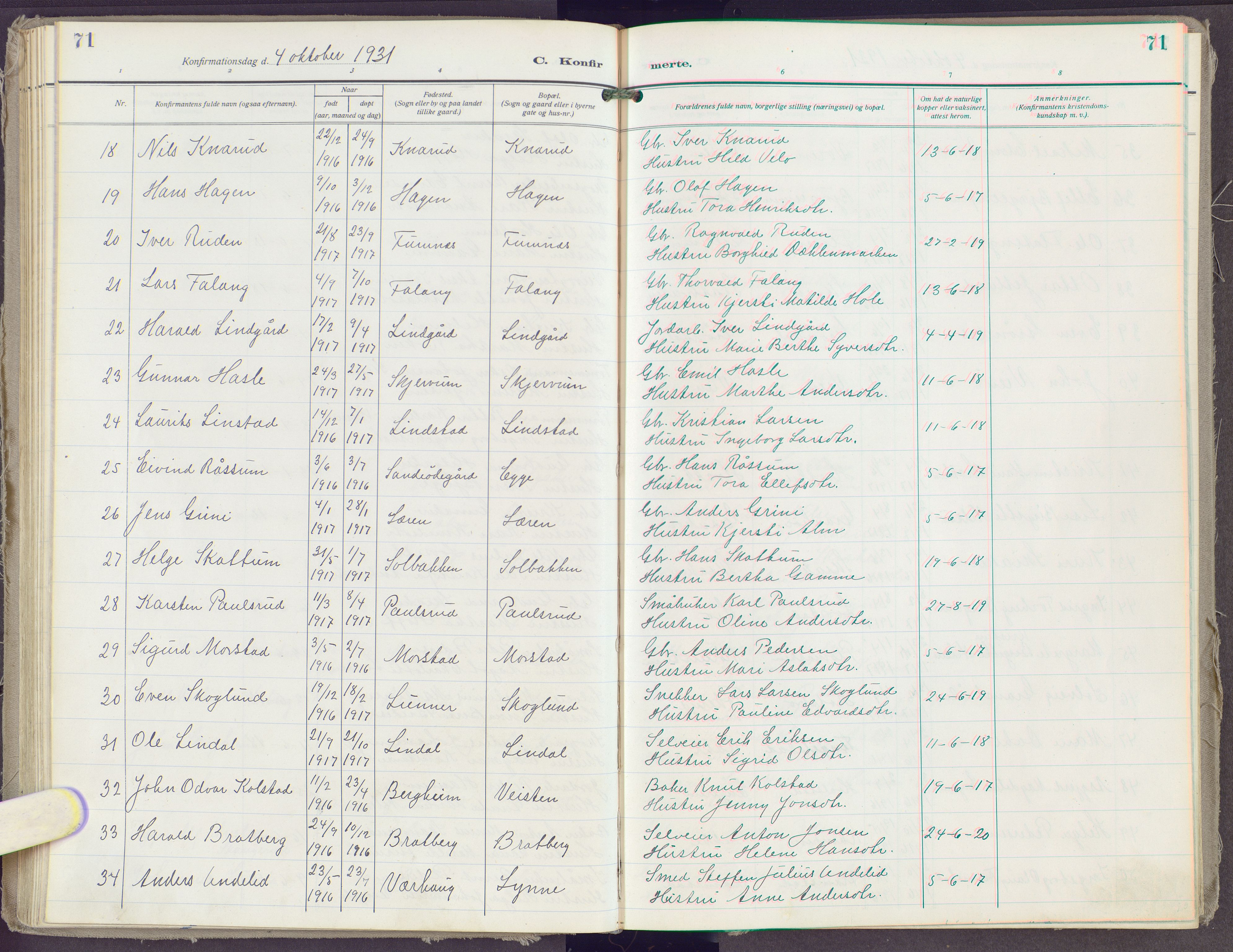 Gran prestekontor, SAH/PREST-112/H/Ha/Haa/L0023: Parish register (official) no. 23, 1919-1938, p. 71
