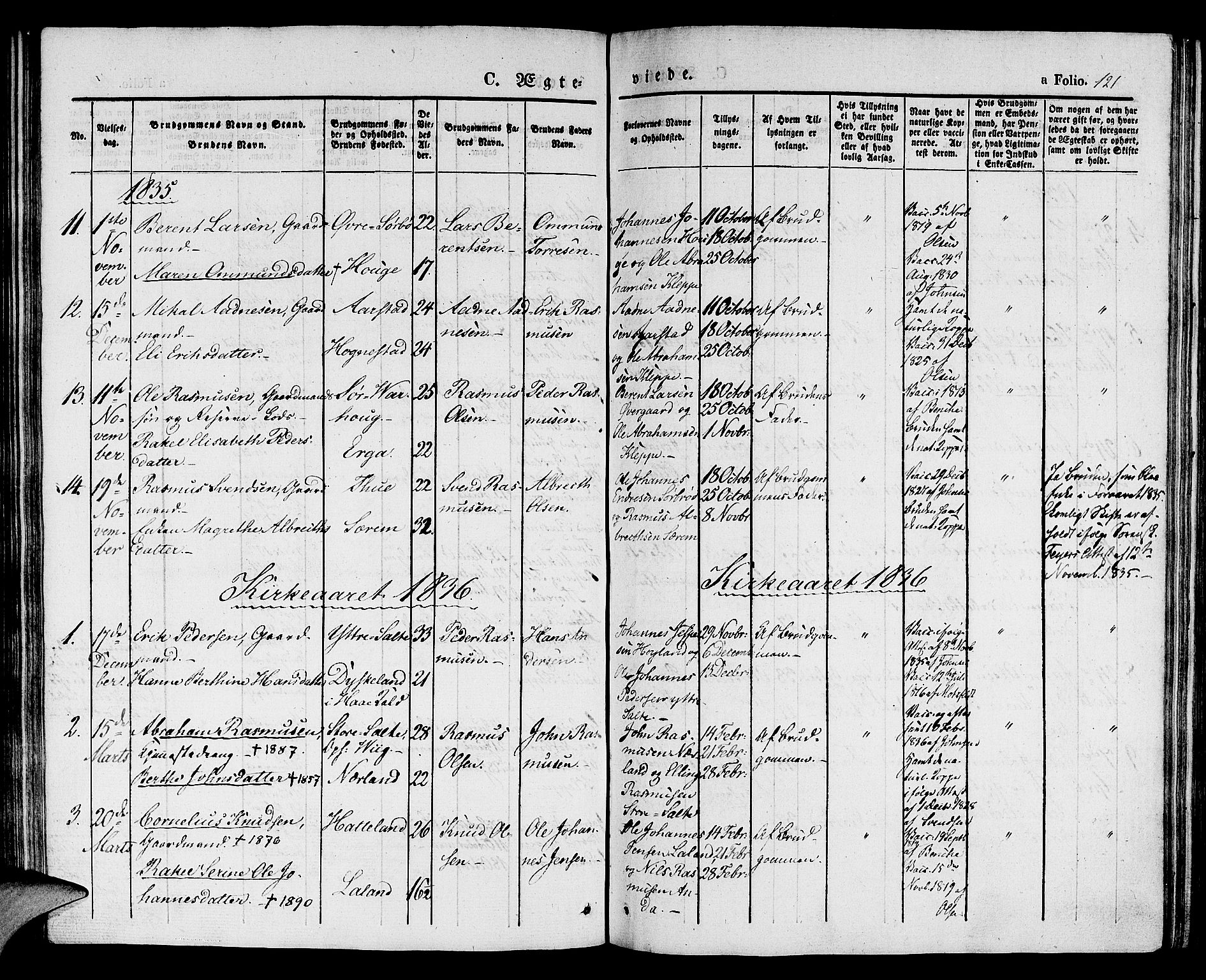 Klepp sokneprestkontor, SAST/A-101803/001/3/30BA/L0003: Parish register (official) no. A 3, 1833-1842, p. 121