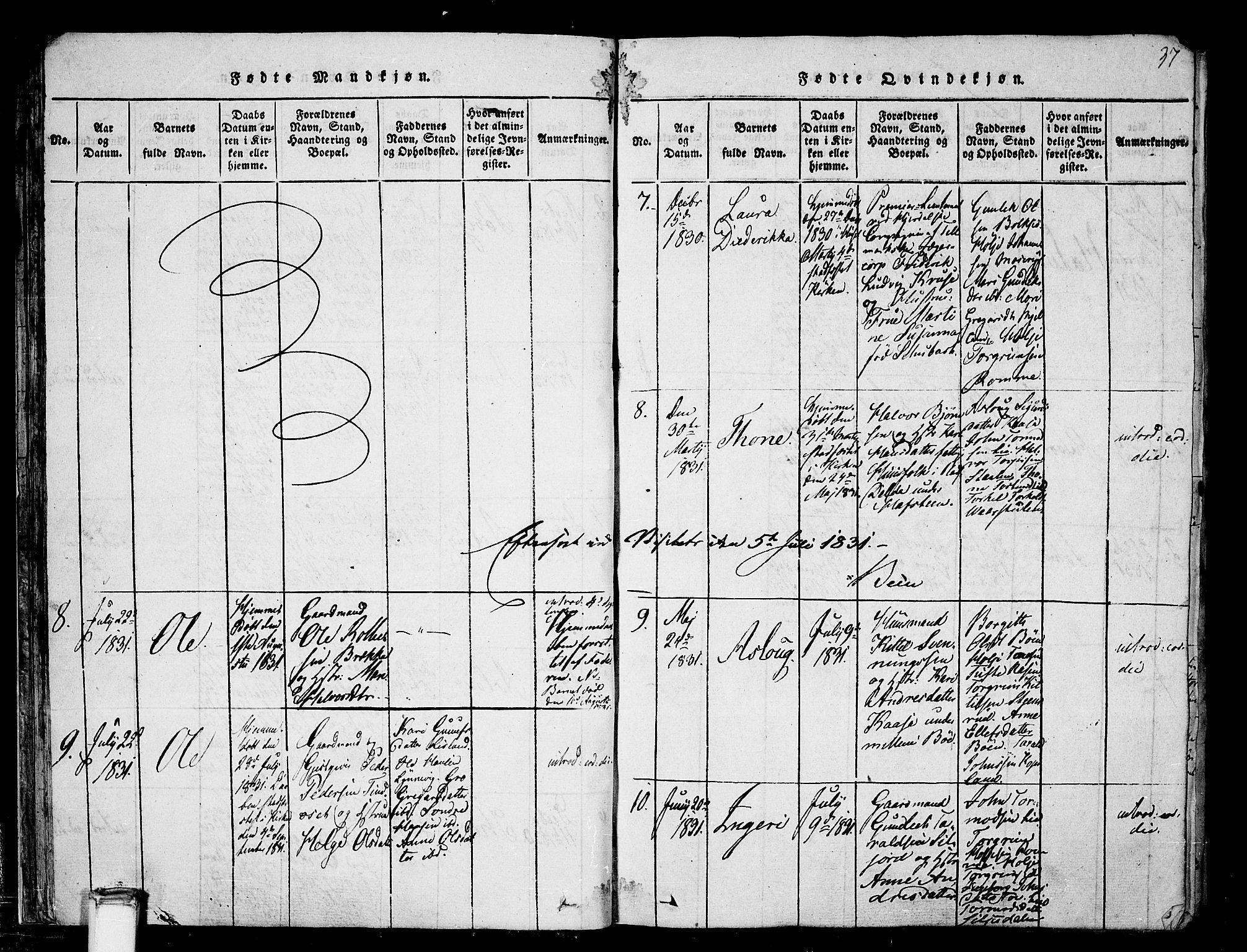 Gransherad kirkebøker, AV/SAKO-A-267/F/Fa/L0001: Parish register (official) no. I 1, 1815-1843, p. 37