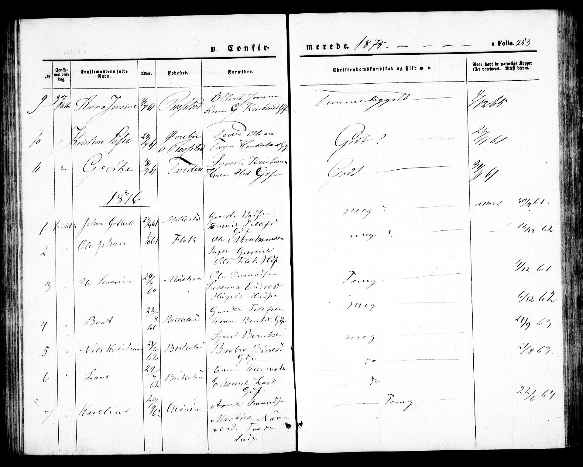 Birkenes sokneprestkontor, SAK/1111-0004/F/Fb/L0002: Parish register (copy) no. B 2, 1849-1876, p. 253