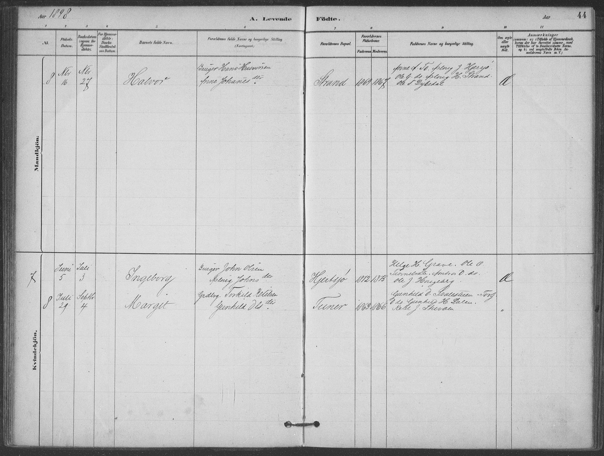 Hjartdal kirkebøker, AV/SAKO-A-270/F/Fa/L0010: Parish register (official) no. I 10, 1880-1929, p. 44