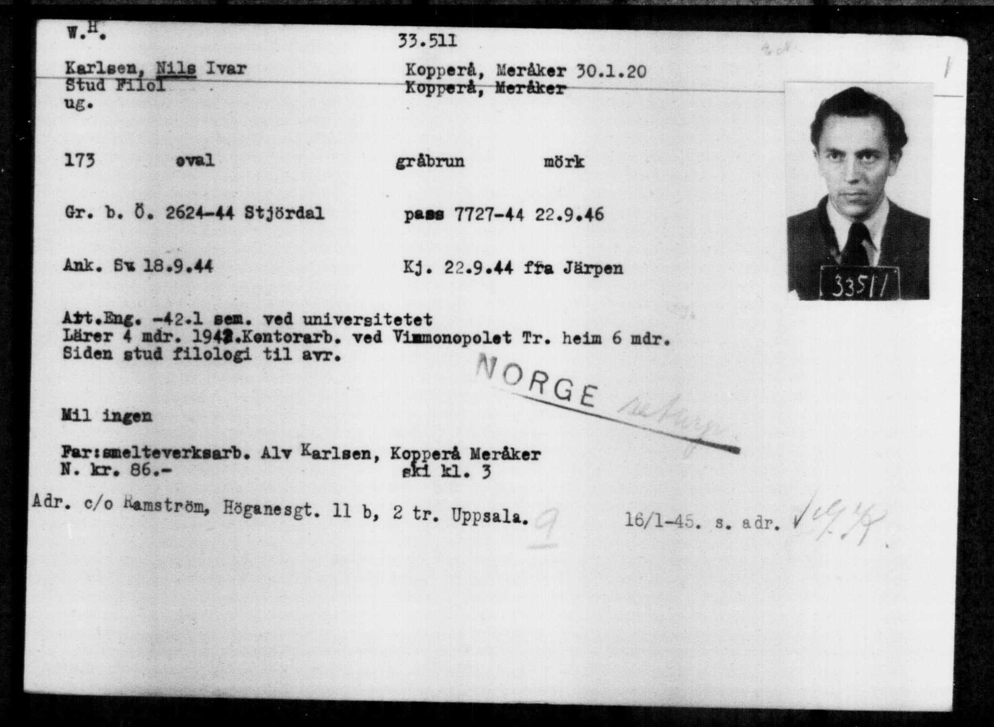 Utenriksstasjonene, Legasjonen i Stockholm, Flyktningkontoret, AV/RA-S-6753/V/Va/L0013: Kjesäterkartoteket, flyktninger med registreringsnr. 31500-34731, 1940-1945, p. 2119