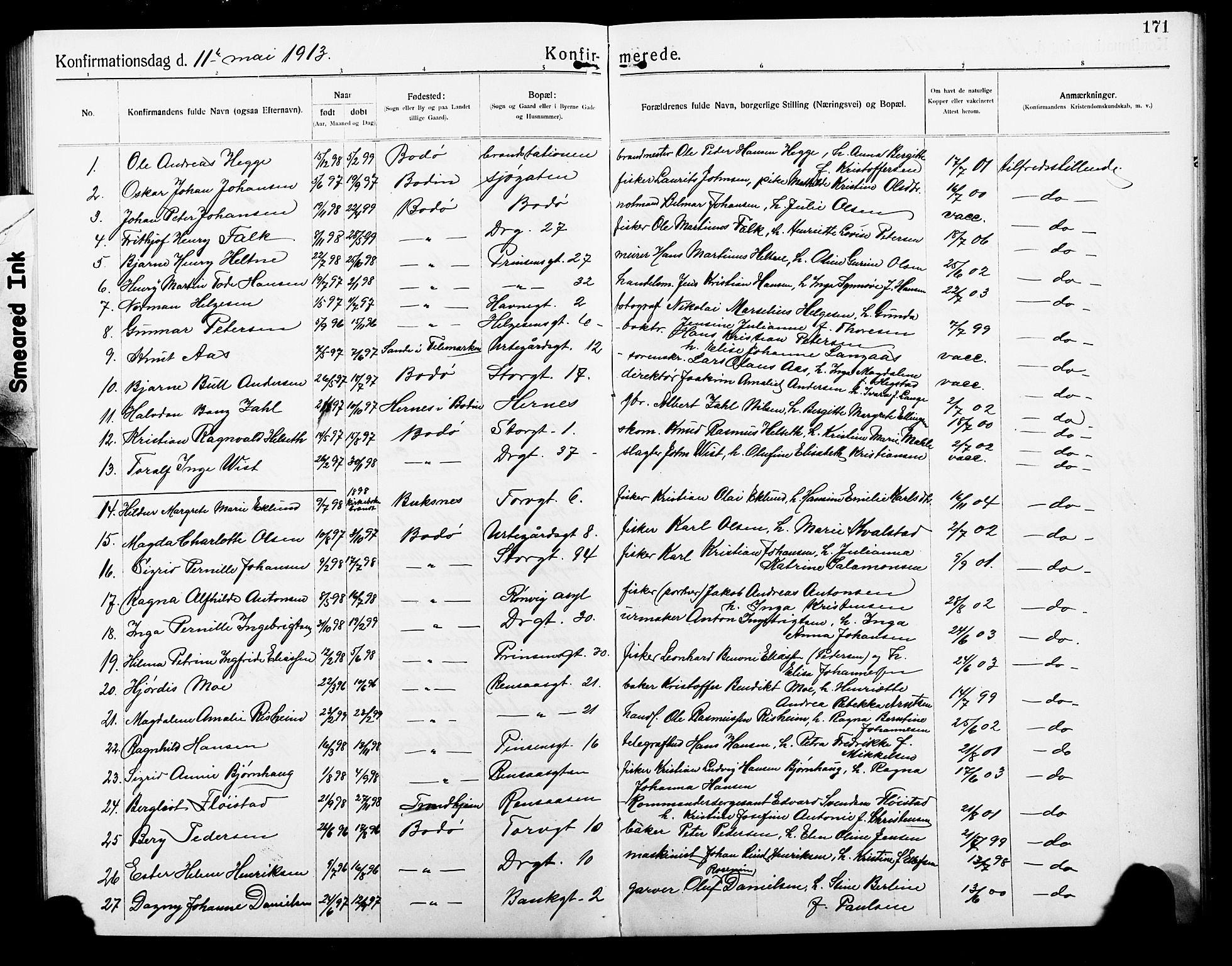 Ministerialprotokoller, klokkerbøker og fødselsregistre - Nordland, SAT/A-1459/801/L0034: Parish register (copy) no. 801C09, 1910-1922, p. 171