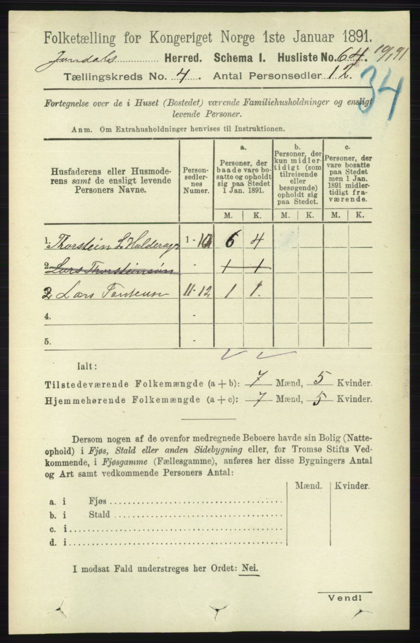 RA, 1891 census for 1227 Jondal, 1891, p. 2054