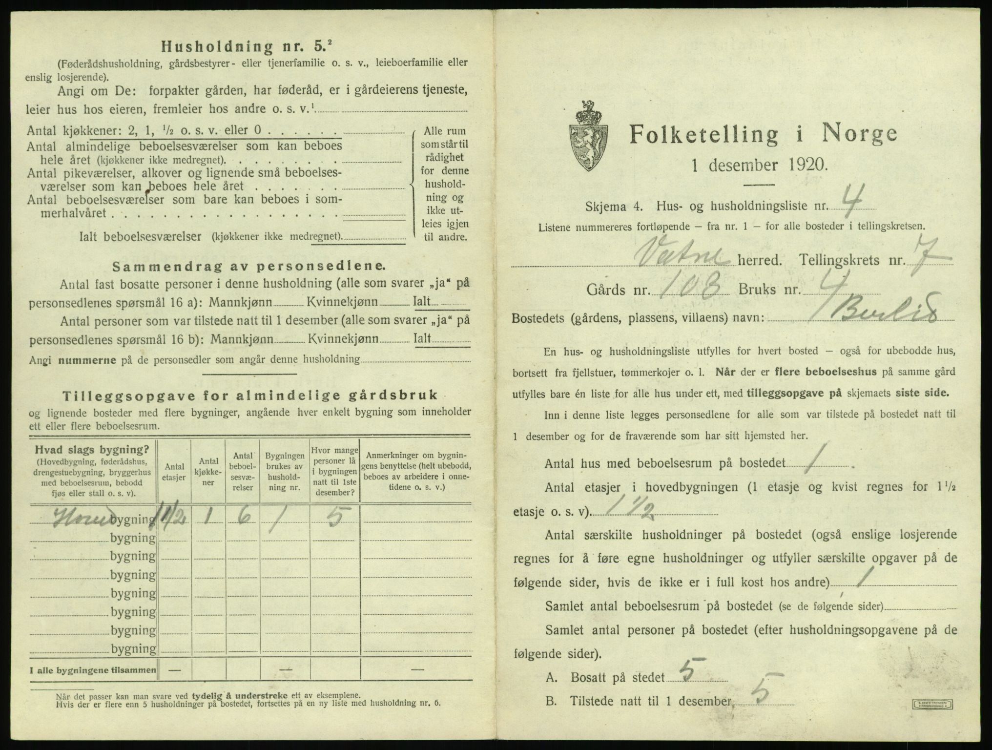 SAT, 1920 census for Vatne, 1920, p. 430