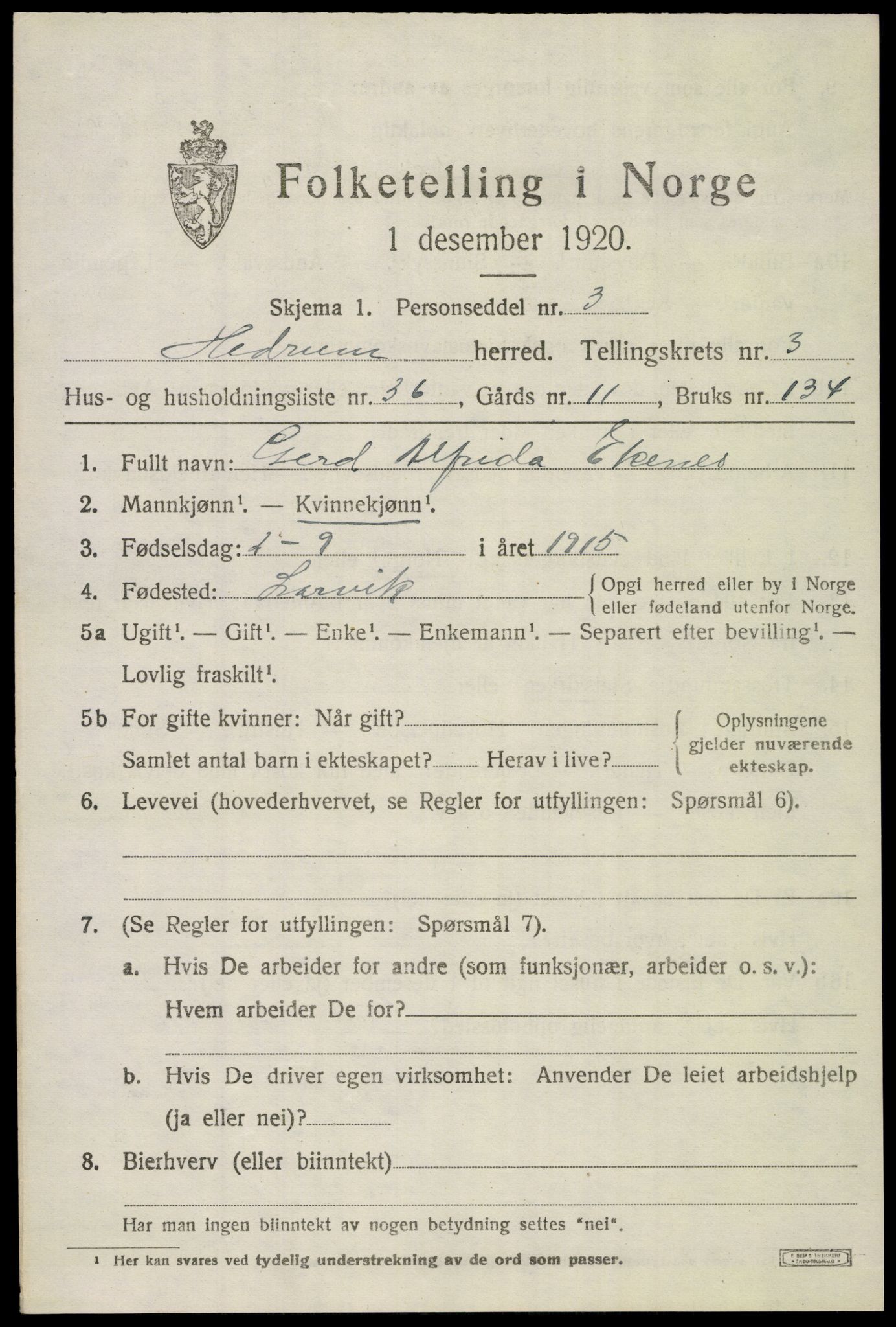 SAKO, 1920 census for Hedrum, 1920, p. 3987
