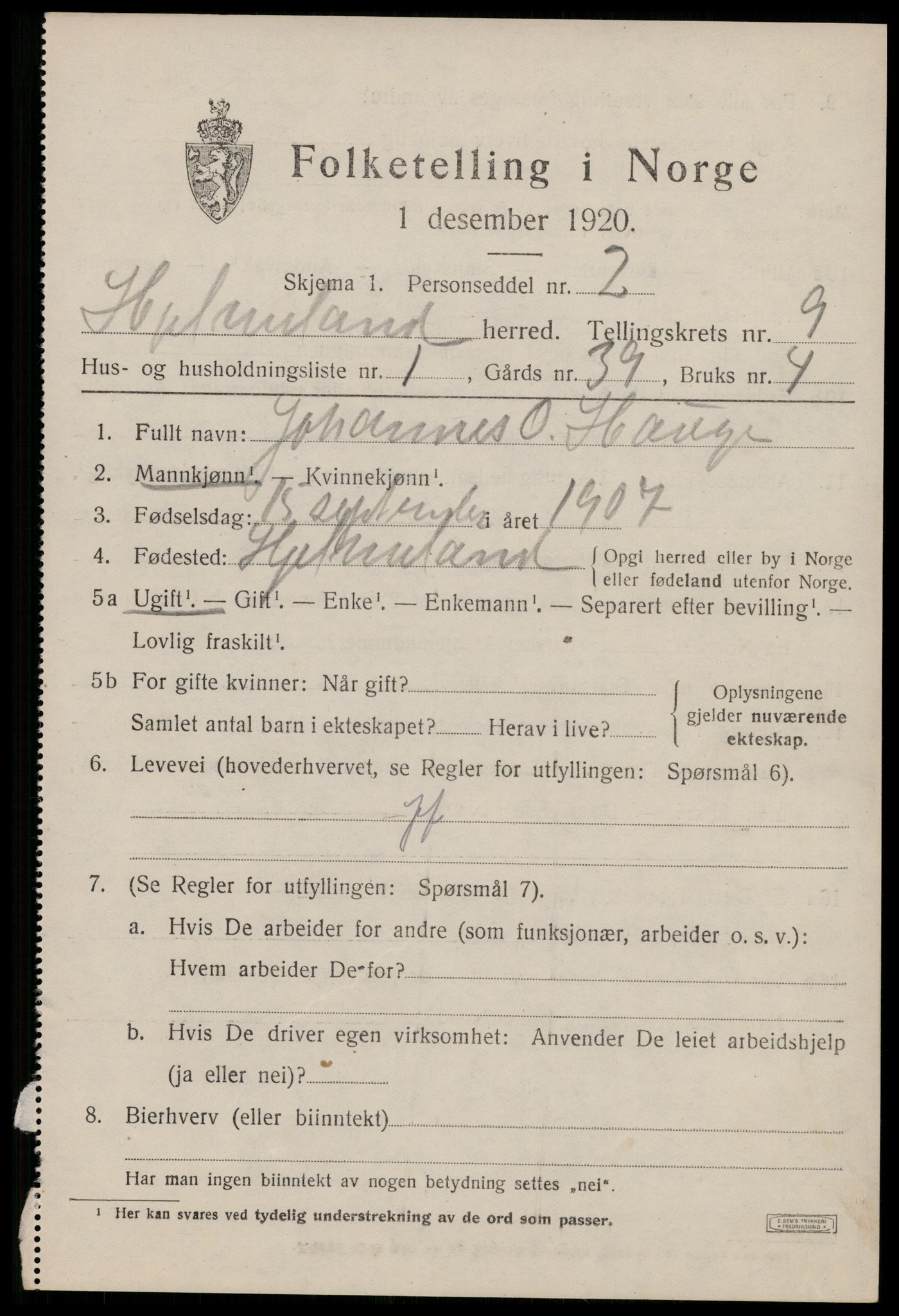 SAST, 1920 census for Hjelmeland, 1920, p. 2687