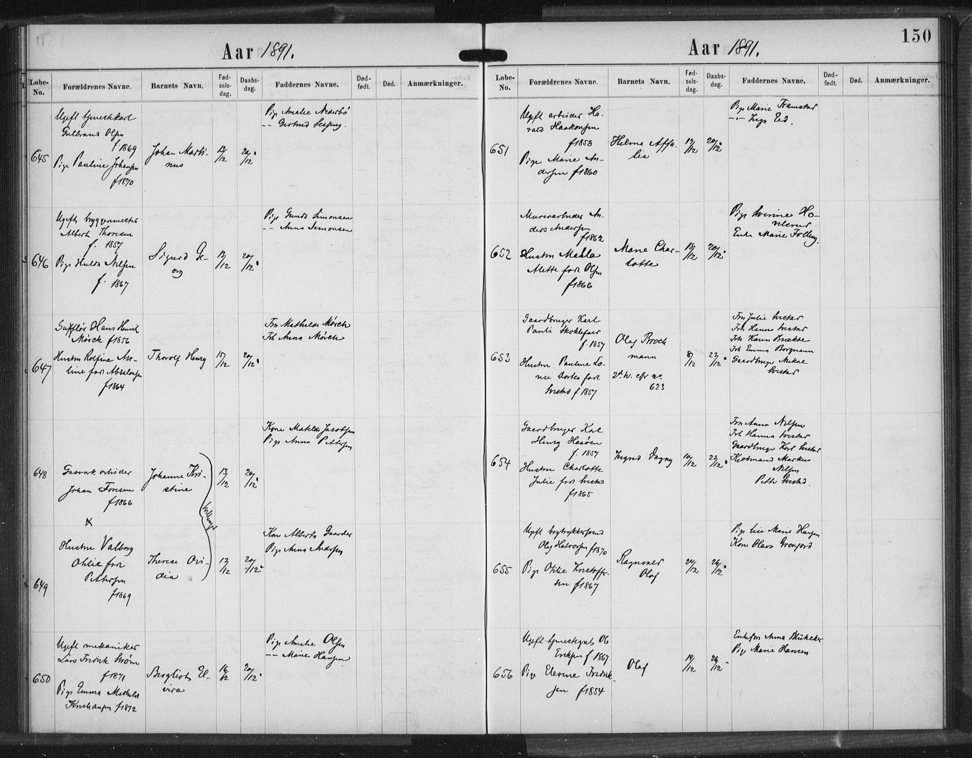 Rikshospitalet prestekontor Kirkebøker, SAO/A-10309b/K/L0003/0003: Baptism register no. 3.3, 1889-1892, p. 150