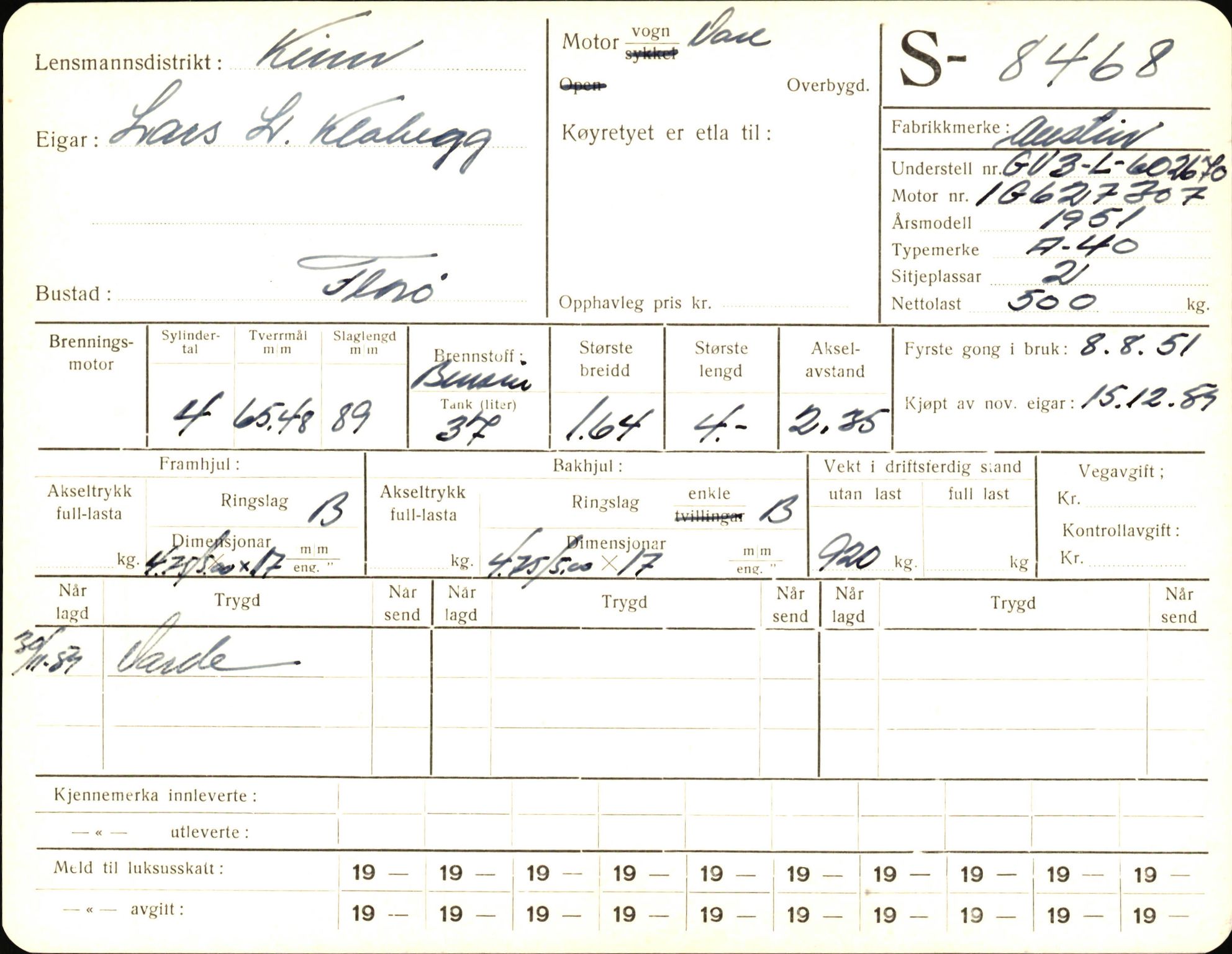 Statens vegvesen, Sogn og Fjordane vegkontor, AV/SAB-A-5301/4/F/L0006: Registerkort utmeldte Fjordane S8300-9500, 1930-1961, p. 248