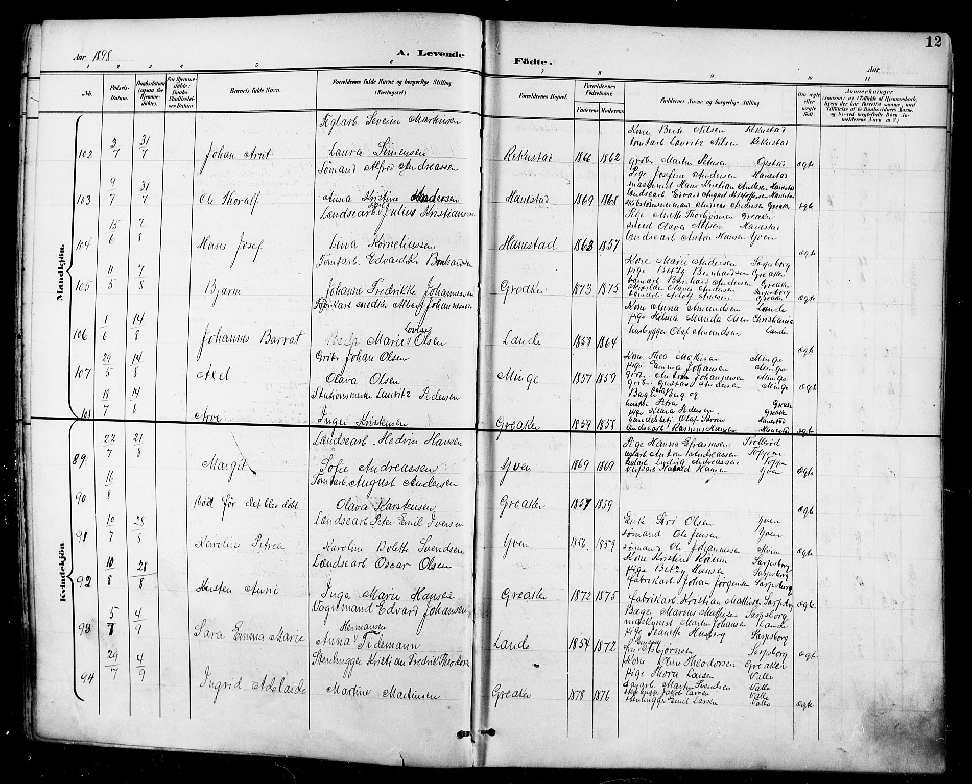 Tune prestekontor Kirkebøker, AV/SAO-A-2007/F/Fa/L0019: Parish register (official) no. 19, 1898-1904, p. 12