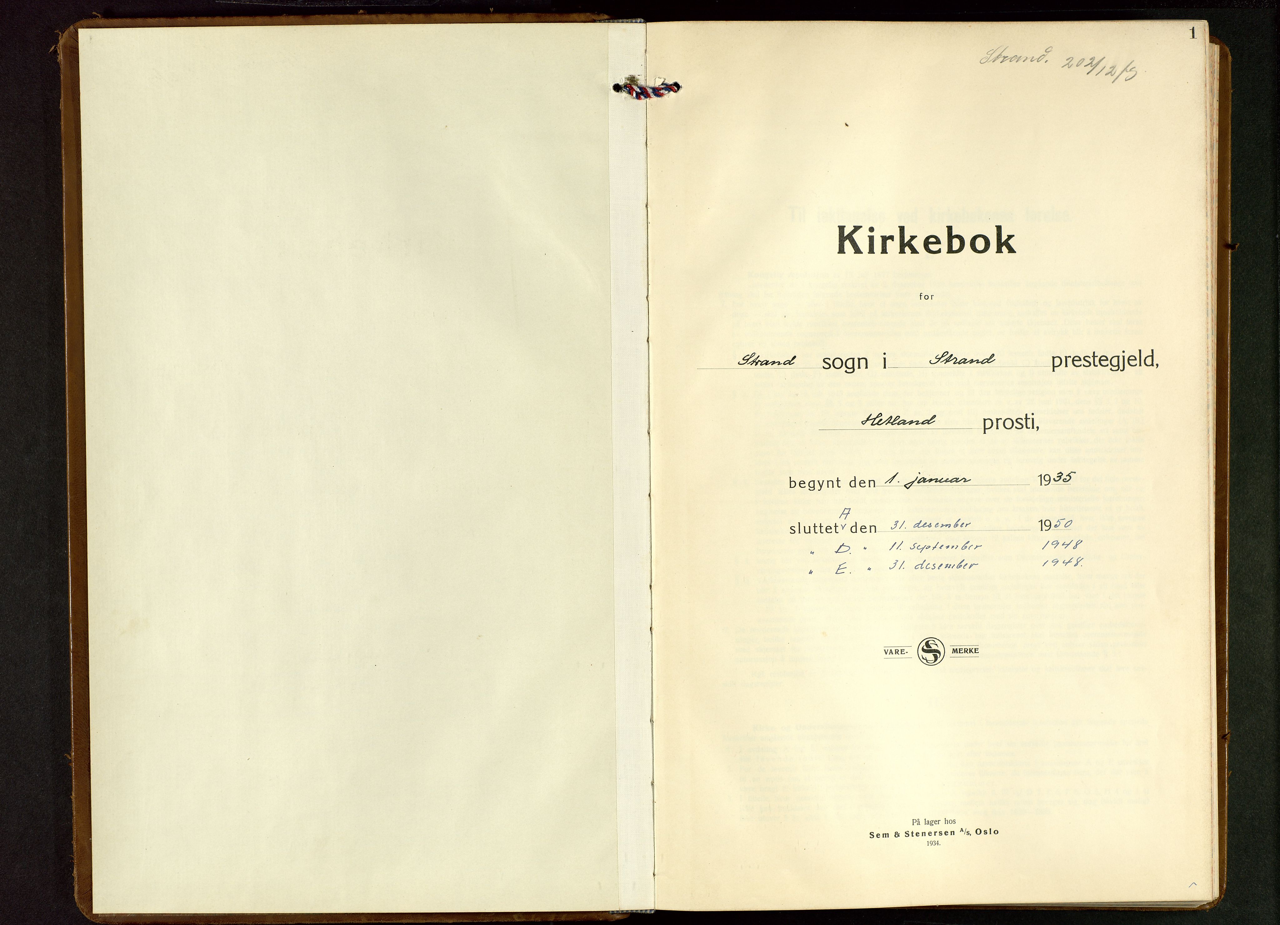 Strand sokneprestkontor, AV/SAST-A-101828/H/Ha/Hab/L0006: Parish register (copy) no. B 6, 1933-1950, p. 1