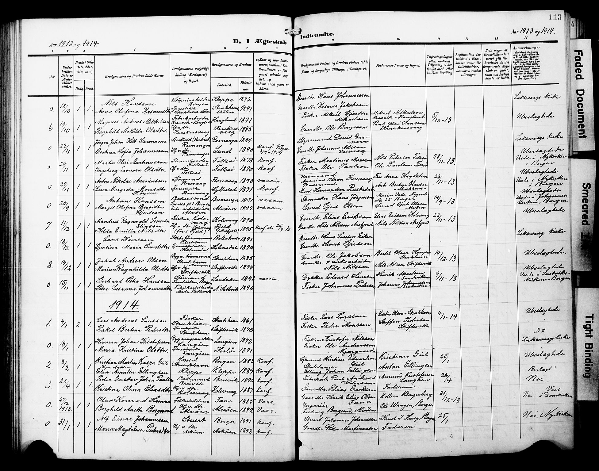 Askøy Sokneprestembete, AV/SAB-A-74101/H/Ha/Hab/Haba/L0014: Parish register (copy) no. A 14, 1904-1927, p. 113