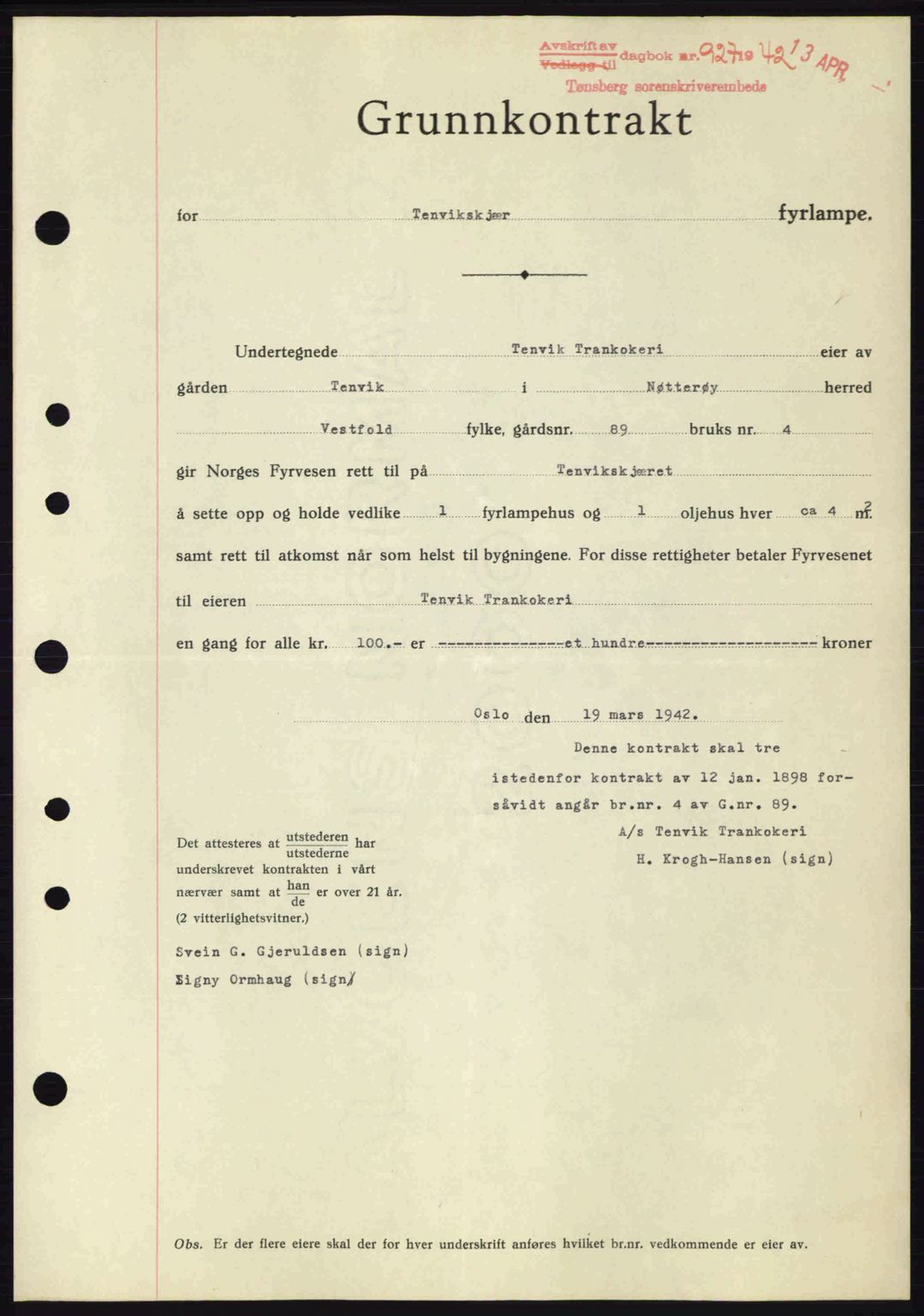 Tønsberg sorenskriveri, AV/SAKO-A-130/G/Ga/Gaa/L0011: Mortgage book no. A11, 1941-1942, Diary no: : 927/1942