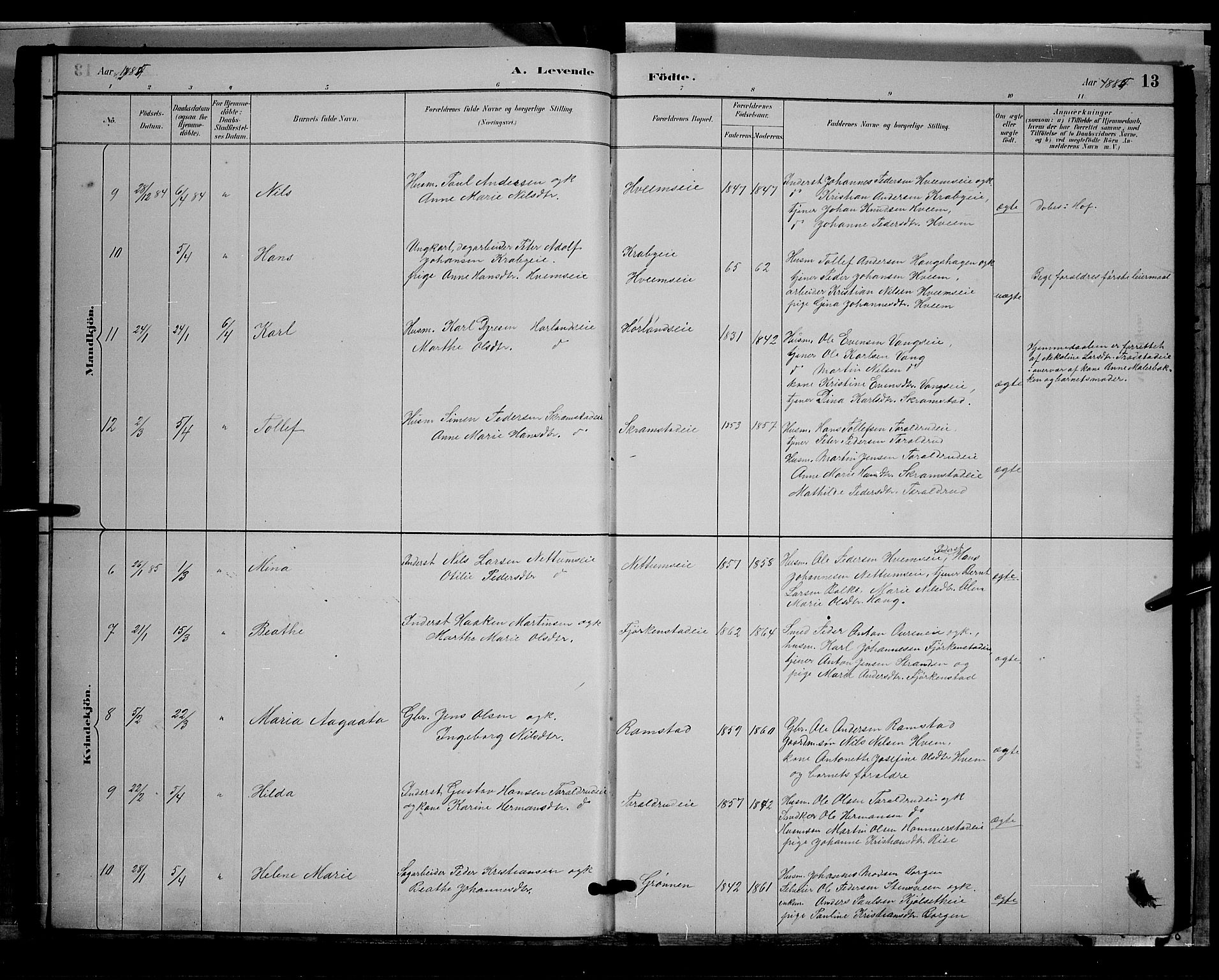 Østre Toten prestekontor, AV/SAH-PREST-104/H/Ha/Hab/L0005: Parish register (copy) no. 5, 1884-1893, p. 13