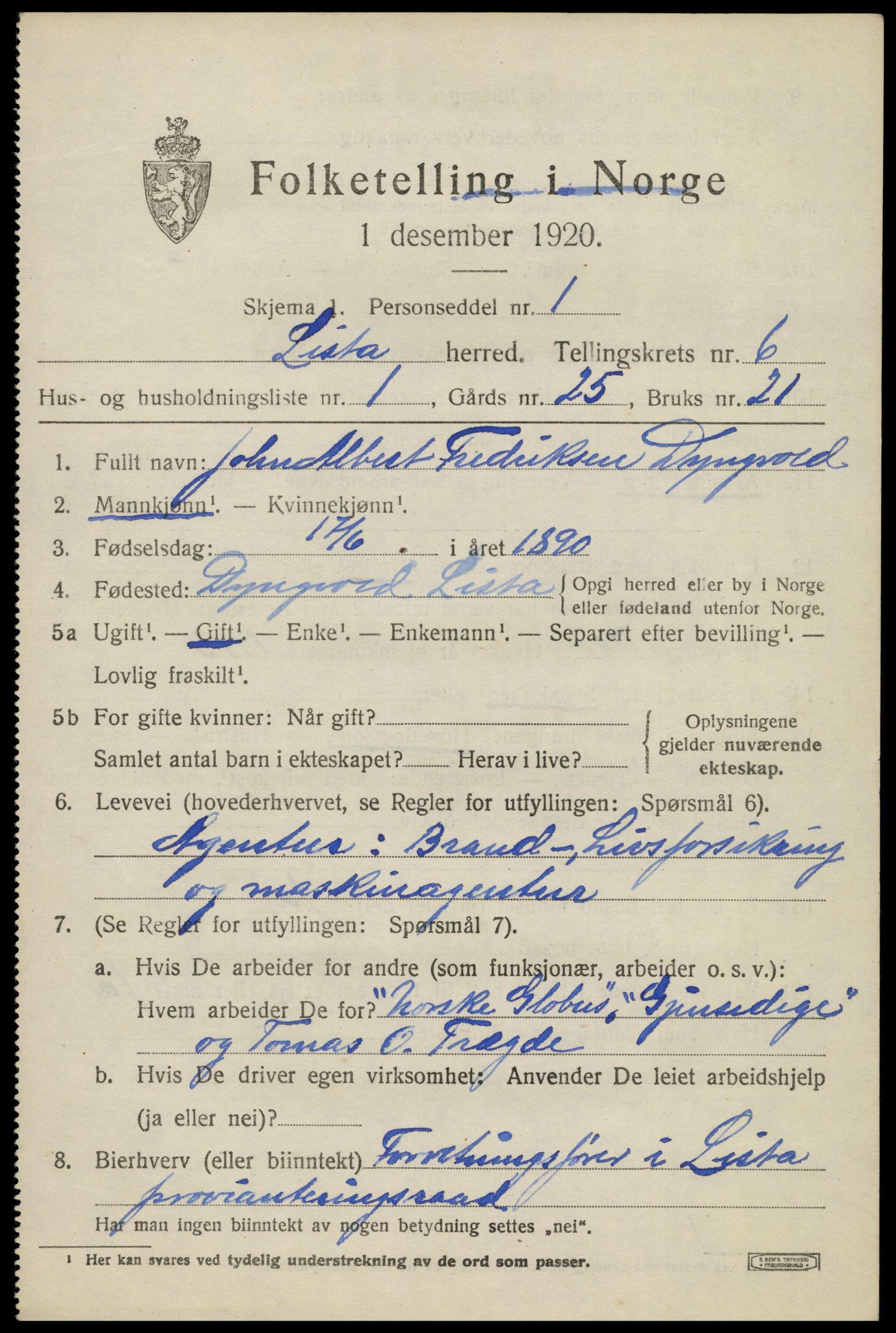 SAK, 1920 census for Lista, 1920, p. 6371