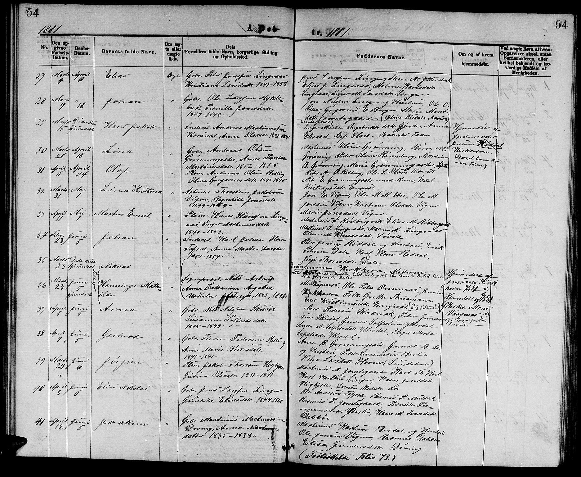 Ministerialprotokoller, klokkerbøker og fødselsregistre - Møre og Romsdal, SAT/A-1454/519/L0262: Parish register (copy) no. 519C03, 1866-1884, p. 54