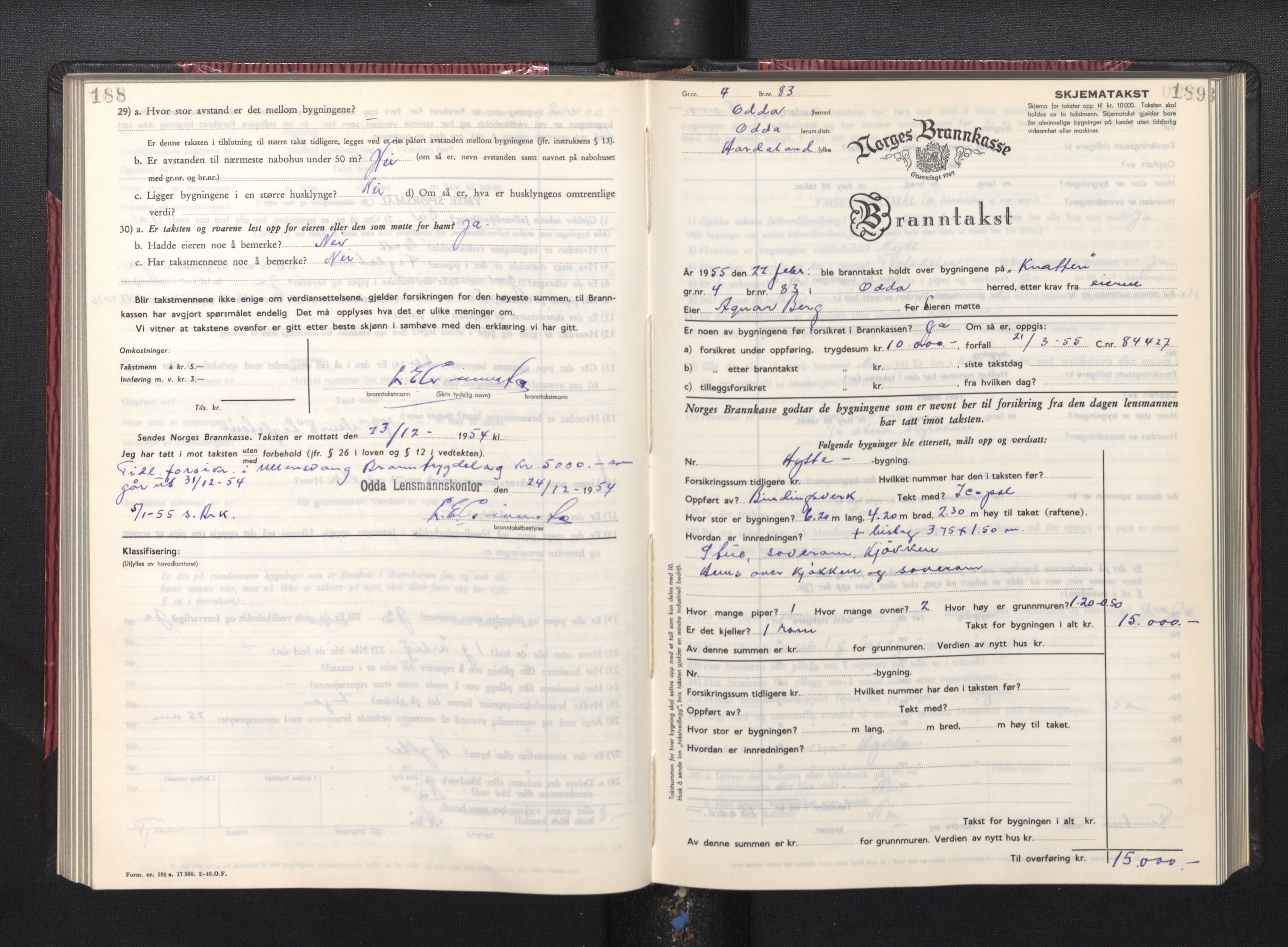 Lensmannen i Odda, AV/SAB-A-34001/0012/L0004: Branntakstprotokoll, skjematakst, 1950-1955, p. 188-189