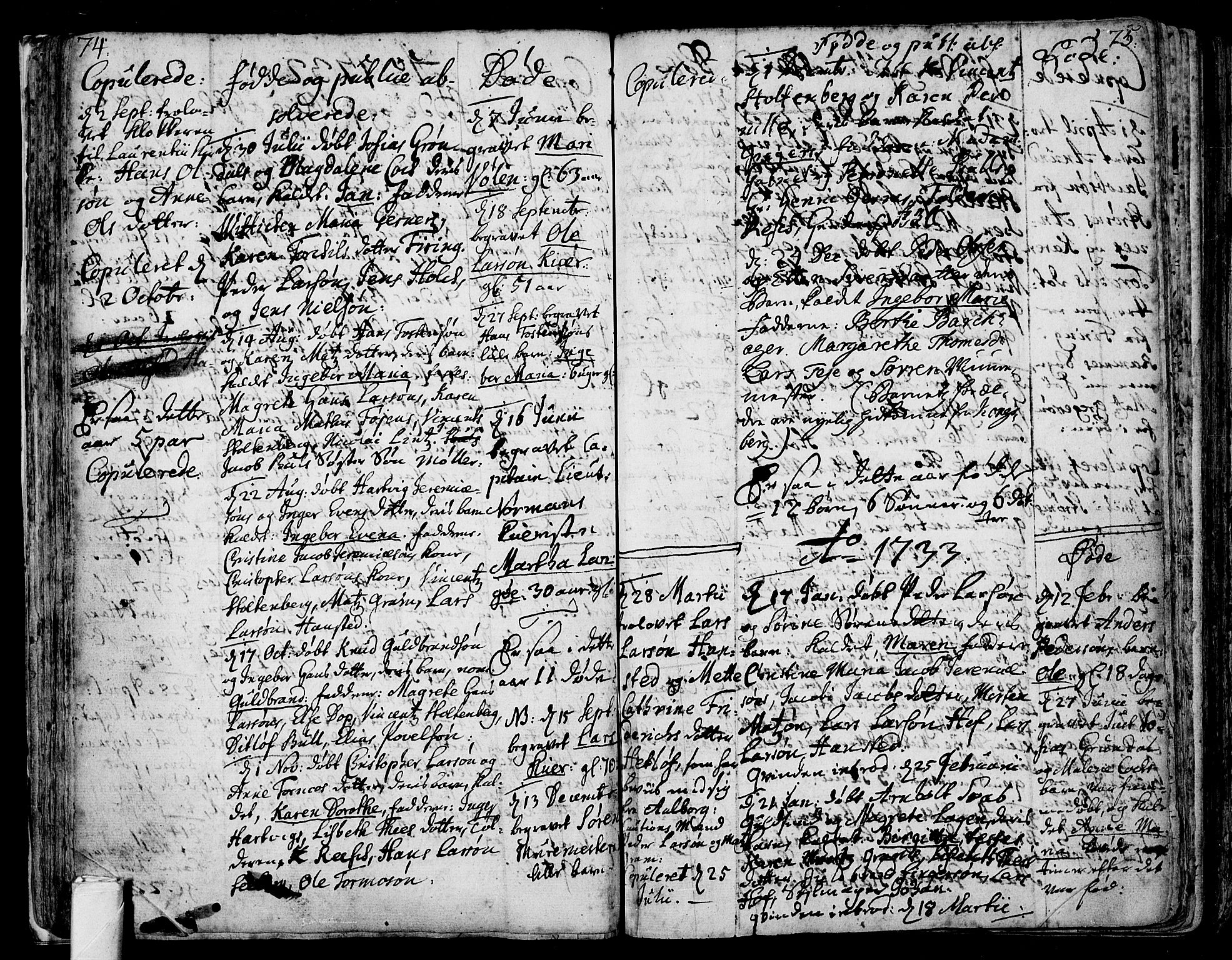Tønsberg kirkebøker, AV/SAKO-A-330/F/Fb/L0001: Parish register (official) no. II 1, 1690-1796, p. 74-75