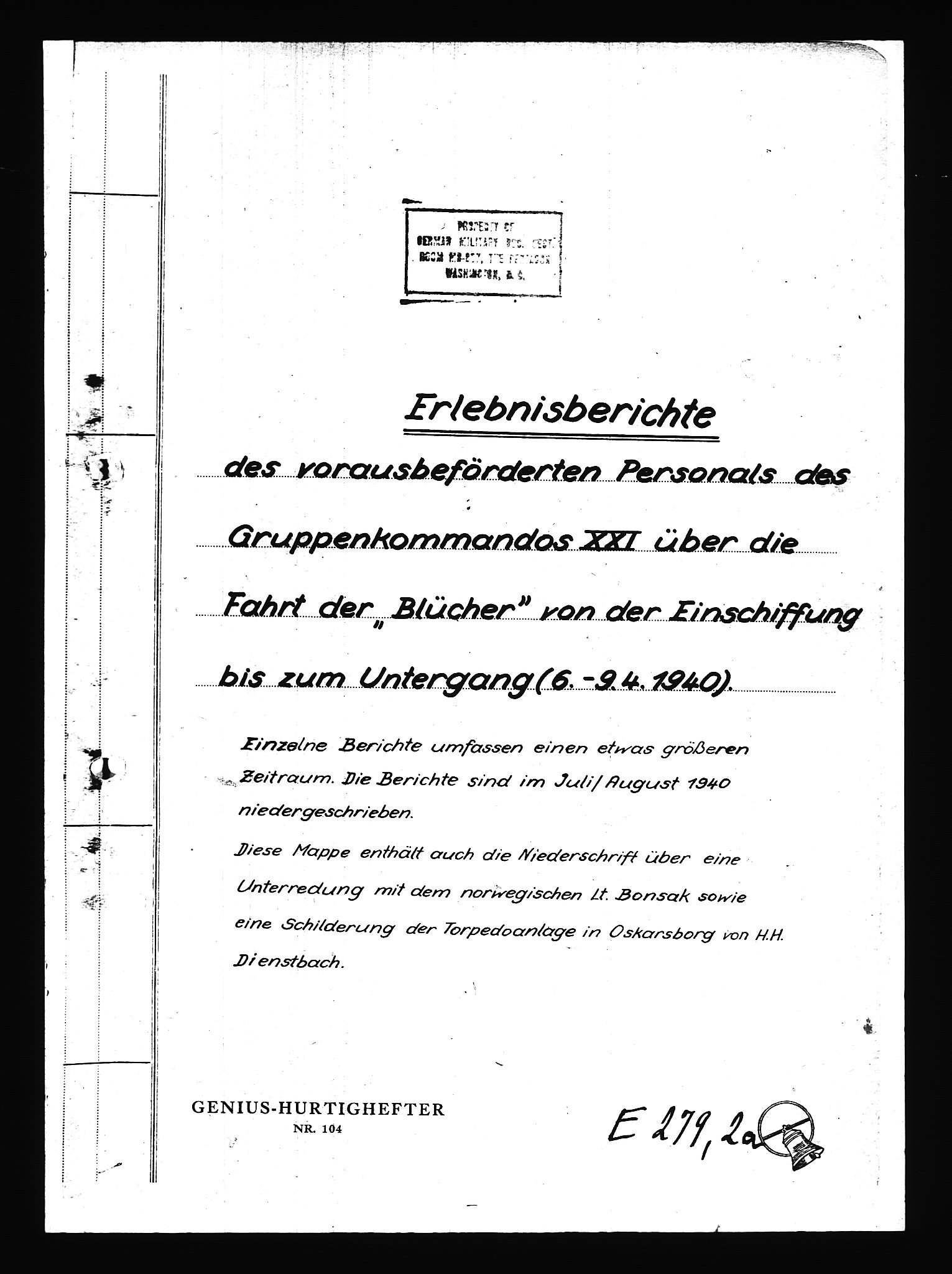 Documents Section, RA/RAFA-2200/V/L0075: Amerikansk mikrofilm "Captured German Documents".
Box No. 714.  FKA jnr. 615/1954., 1940, p. 397