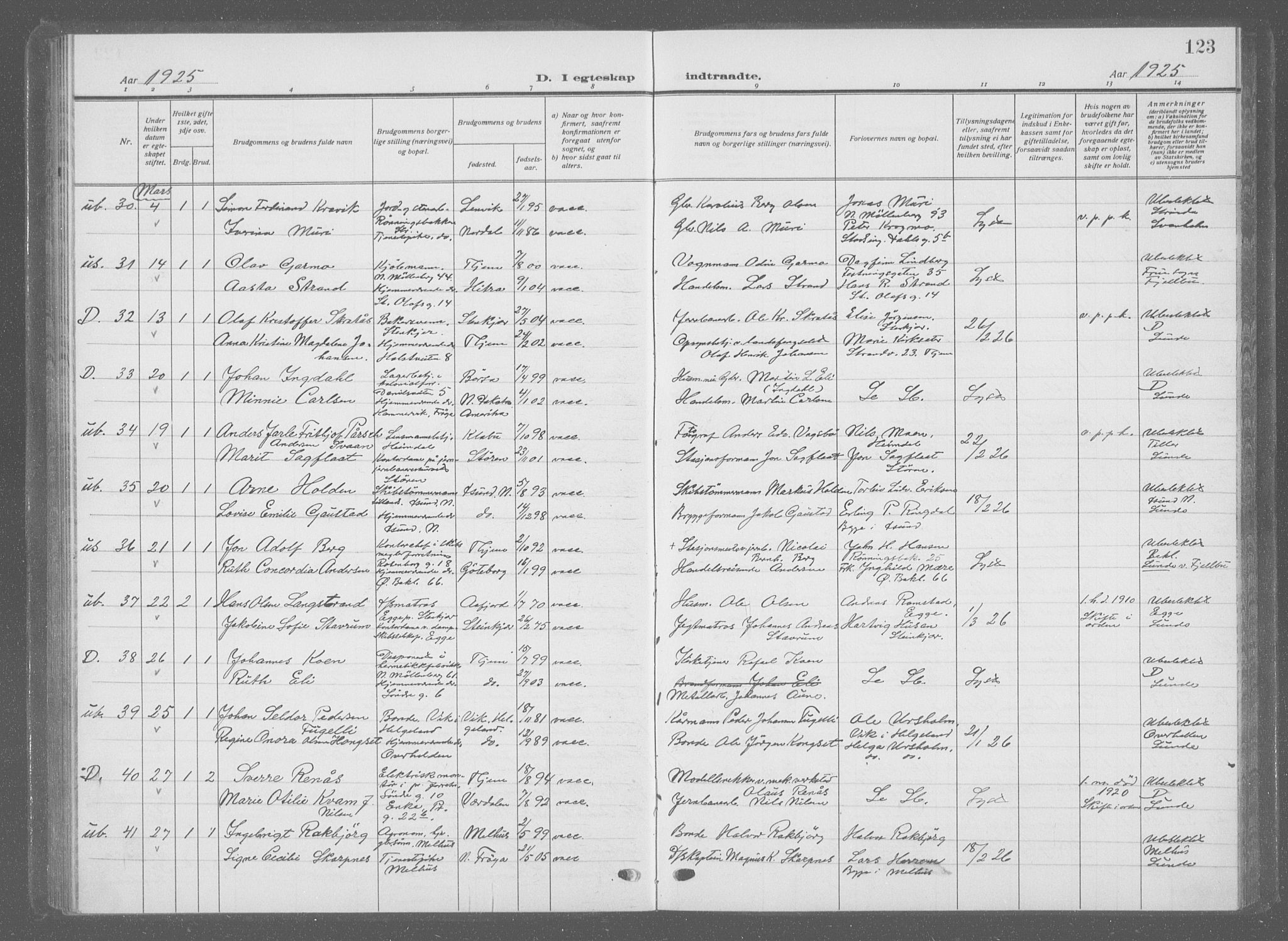 Ministerialprotokoller, klokkerbøker og fødselsregistre - Sør-Trøndelag, AV/SAT-A-1456/601/L0098: Parish register (copy) no. 601C16, 1921-1934, p. 123